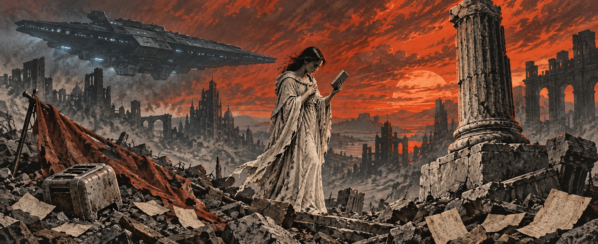 A robed woman reads from a small book amid the ruins of a burned city under a red sky, a wrecked robot head in the rubble and a battleship hanging overhead.