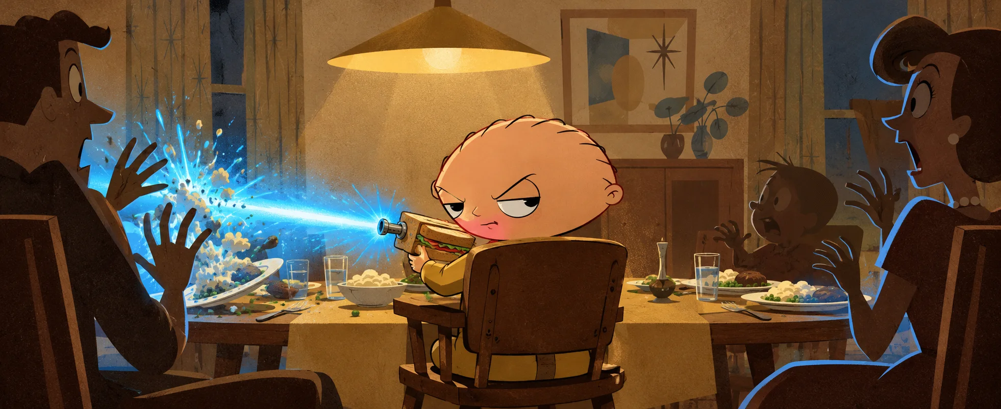 Cartoon: a football-headed baby fires a glowing ray gun across the family dinner table as his parents recoil.