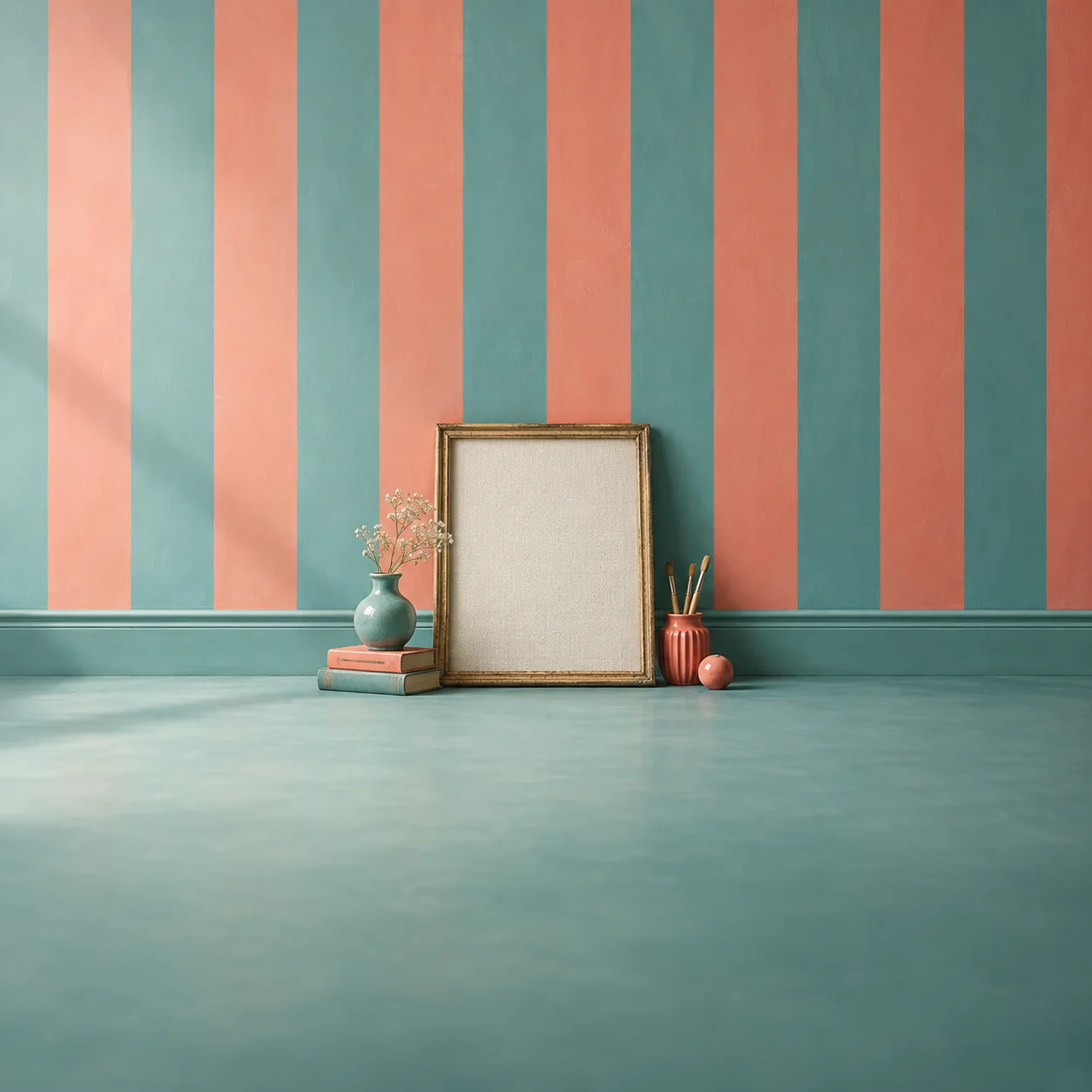 A blank framed canvas leans against a teal-and-coral striped wall beside small decorative objects.