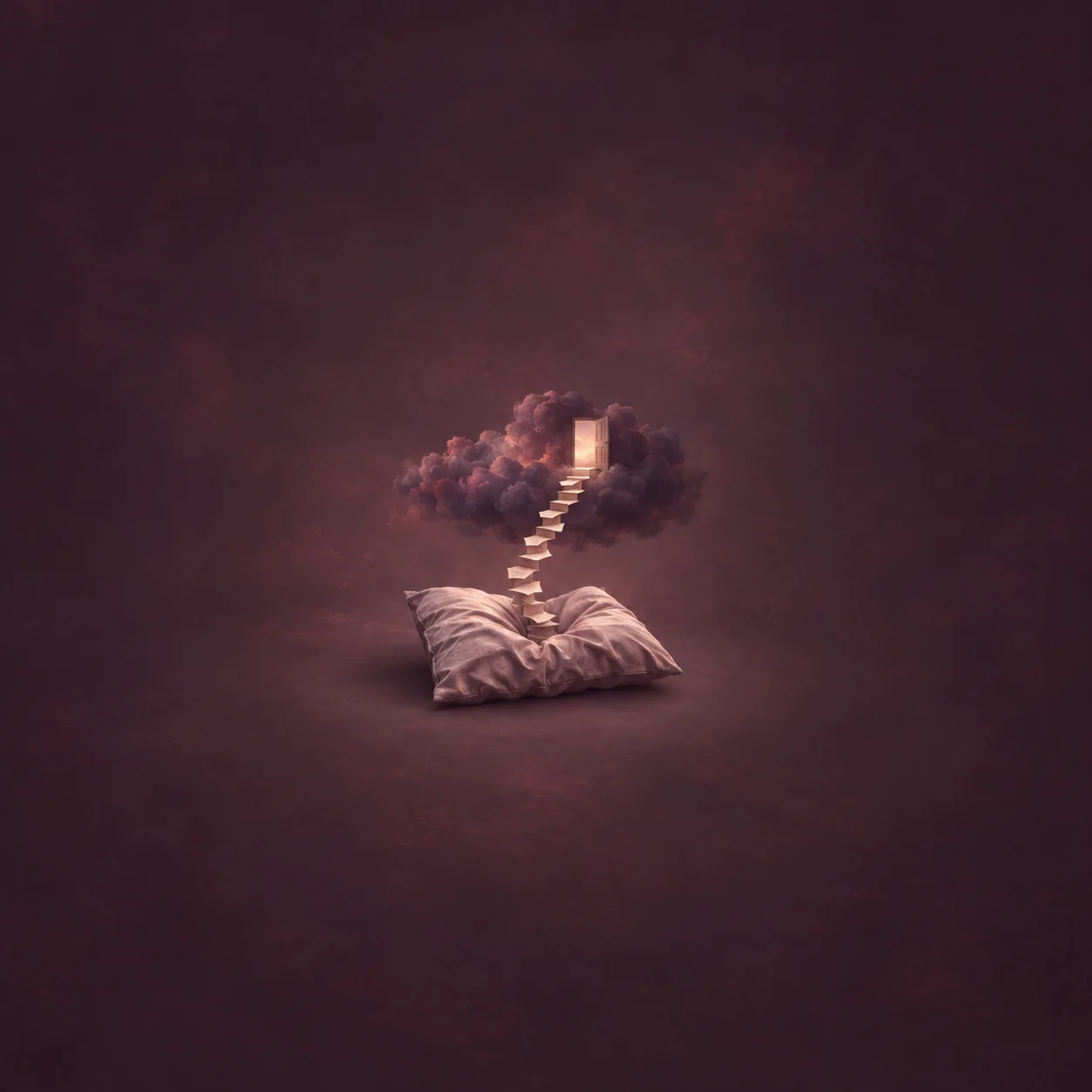A pink pillow beneath a small floating staircase leading into a dark plum cloud and a glowing doorway.