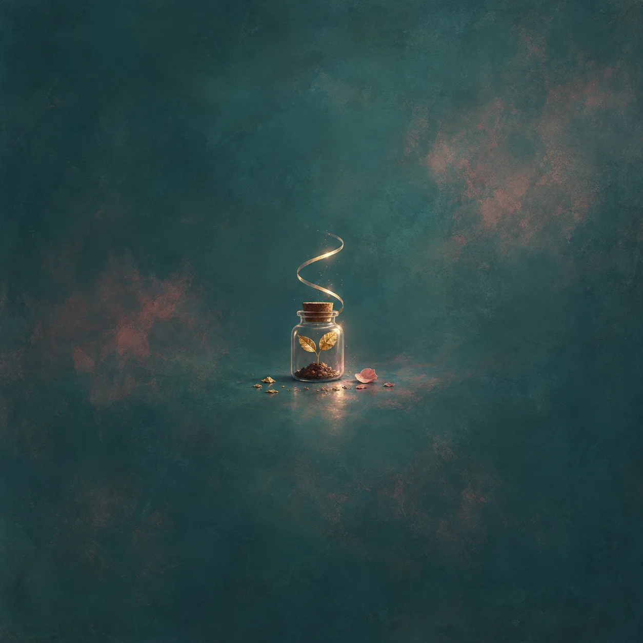 A golden-leaved seedling sits in a small corked glass jar beneath a curling ribbon of light.