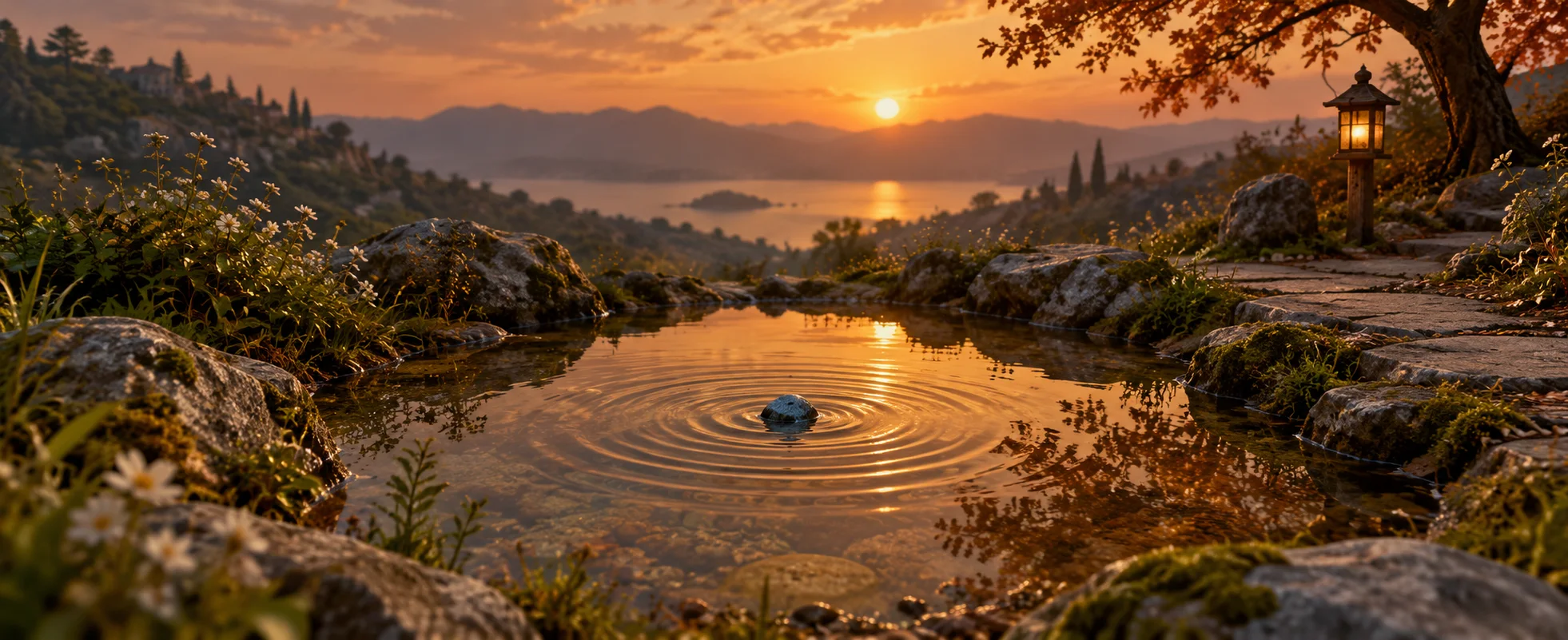 A small blue stone sends ripples across a still amber-lit pool beside a narrow path.