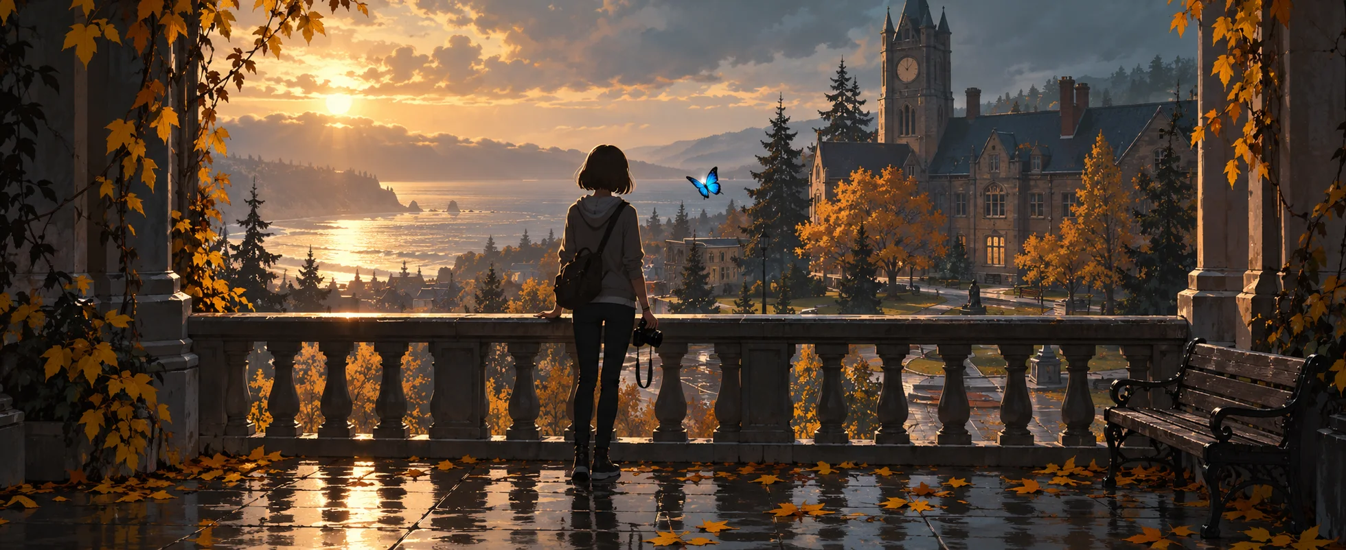 A girl with a camera bag, seen from behind, stands at a stone balustrade above an autumn campus and a coastal bay at sunset, a single blue butterfly fluttering beside her.