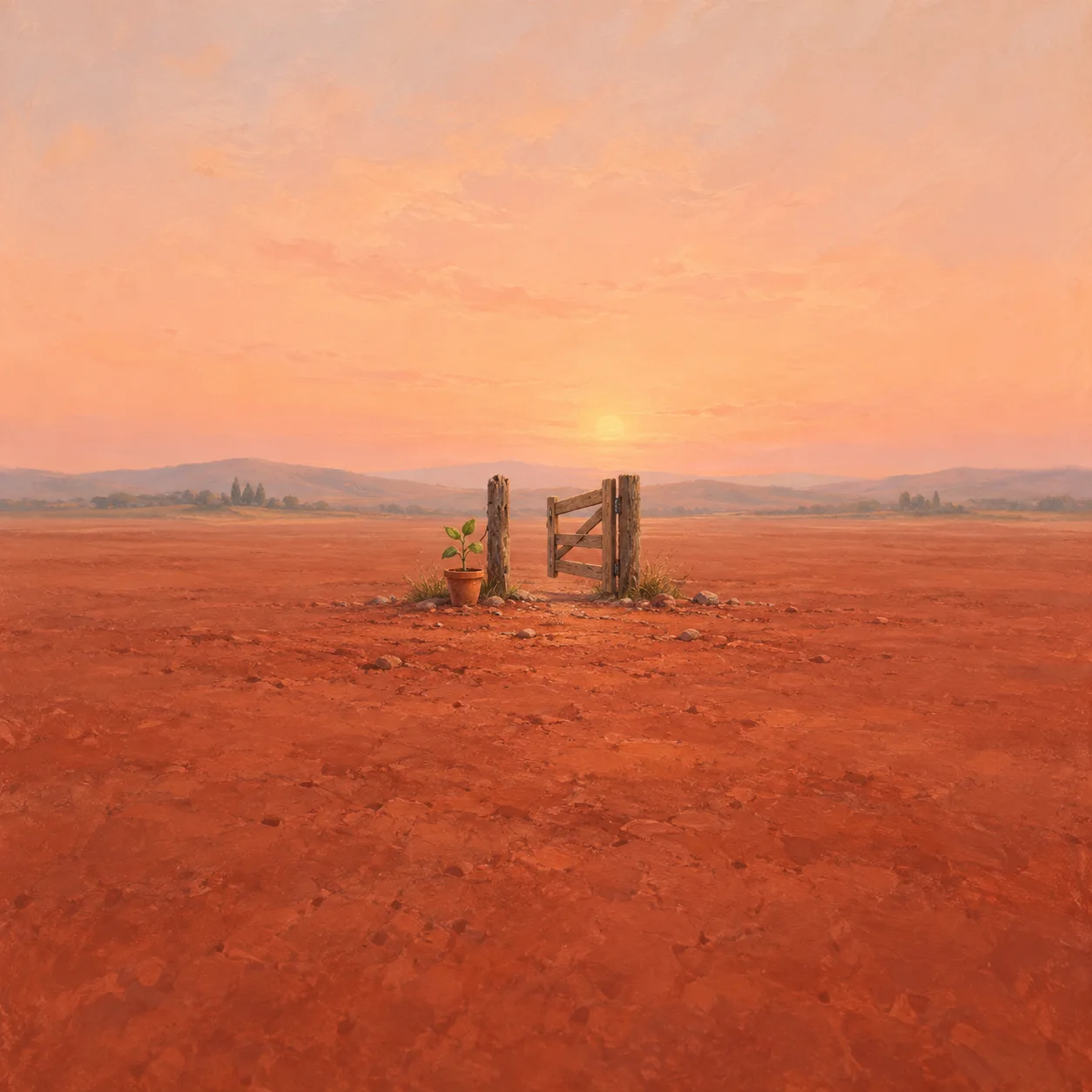 An open wooden gate and a potted green sprout stand in a red-clay field beneath a peach sunrise.
