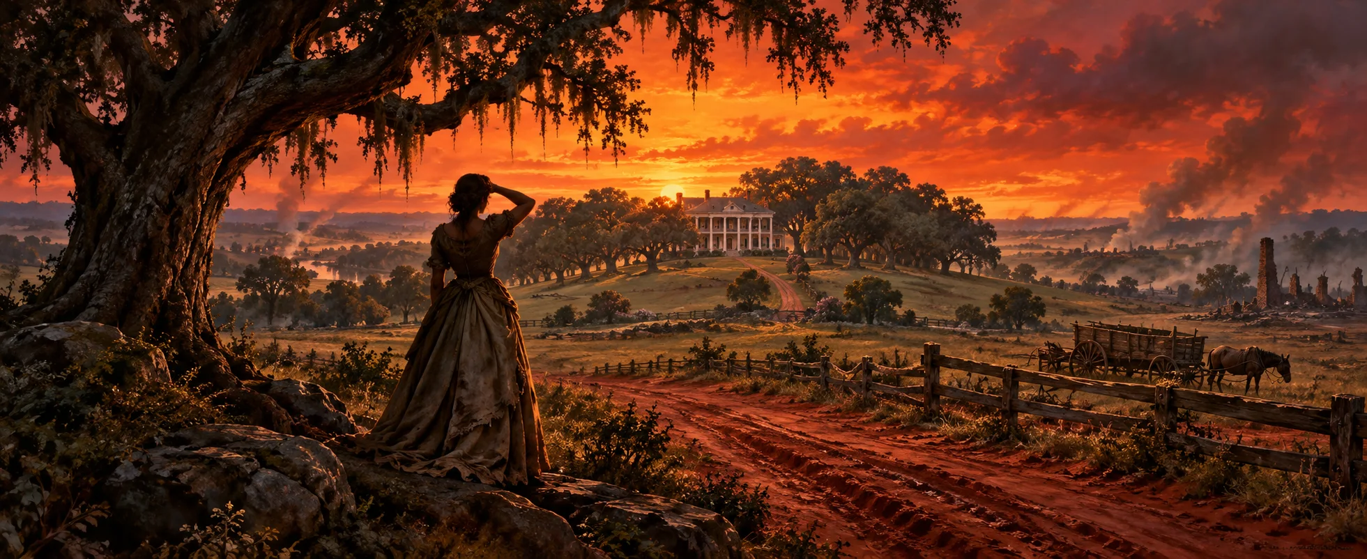 A woman stands under a great oak gazing at a white-columned plantation house on a hill beneath a blazing orange-red sky.