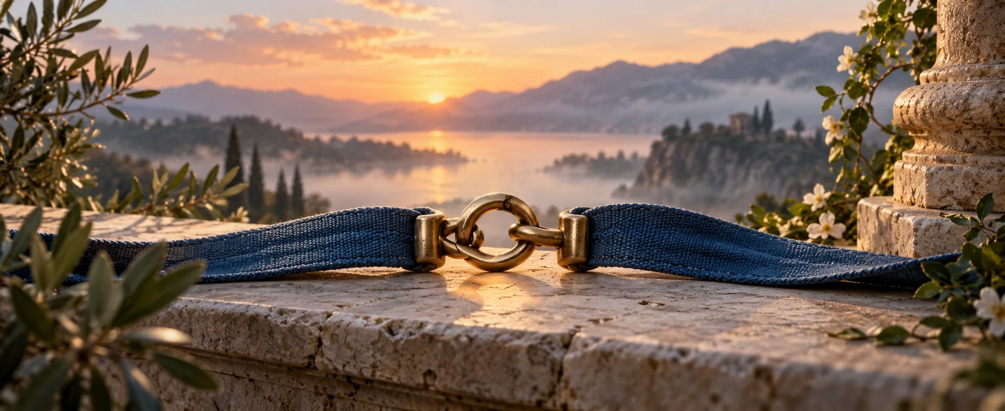 A small bronze clasp joins two blue fabric straps on a pale stone ledge in soft dawn light.