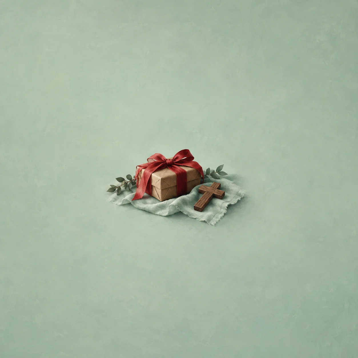 A gift wrapped with a red bow rests beside a small wooden cross and green sprigs on mint cloth.