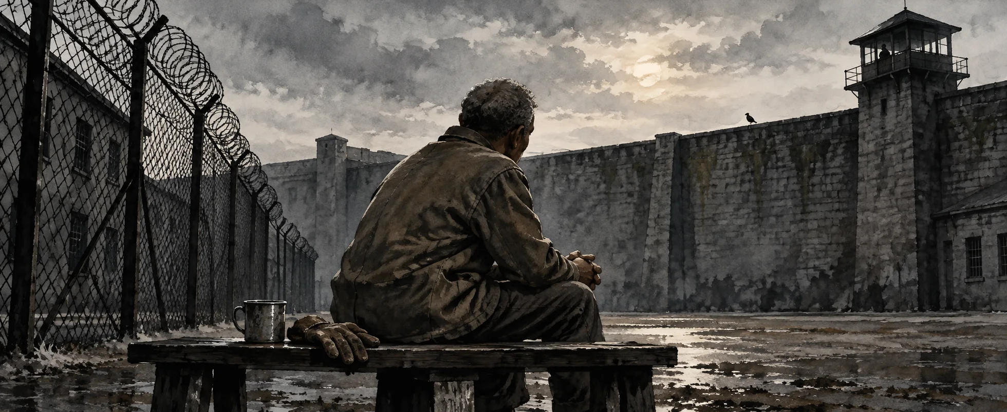 An older prisoner in a worn jacket sits alone on a bench in a grey prison yard, seen from behind, the wall and watchtower ahead.
