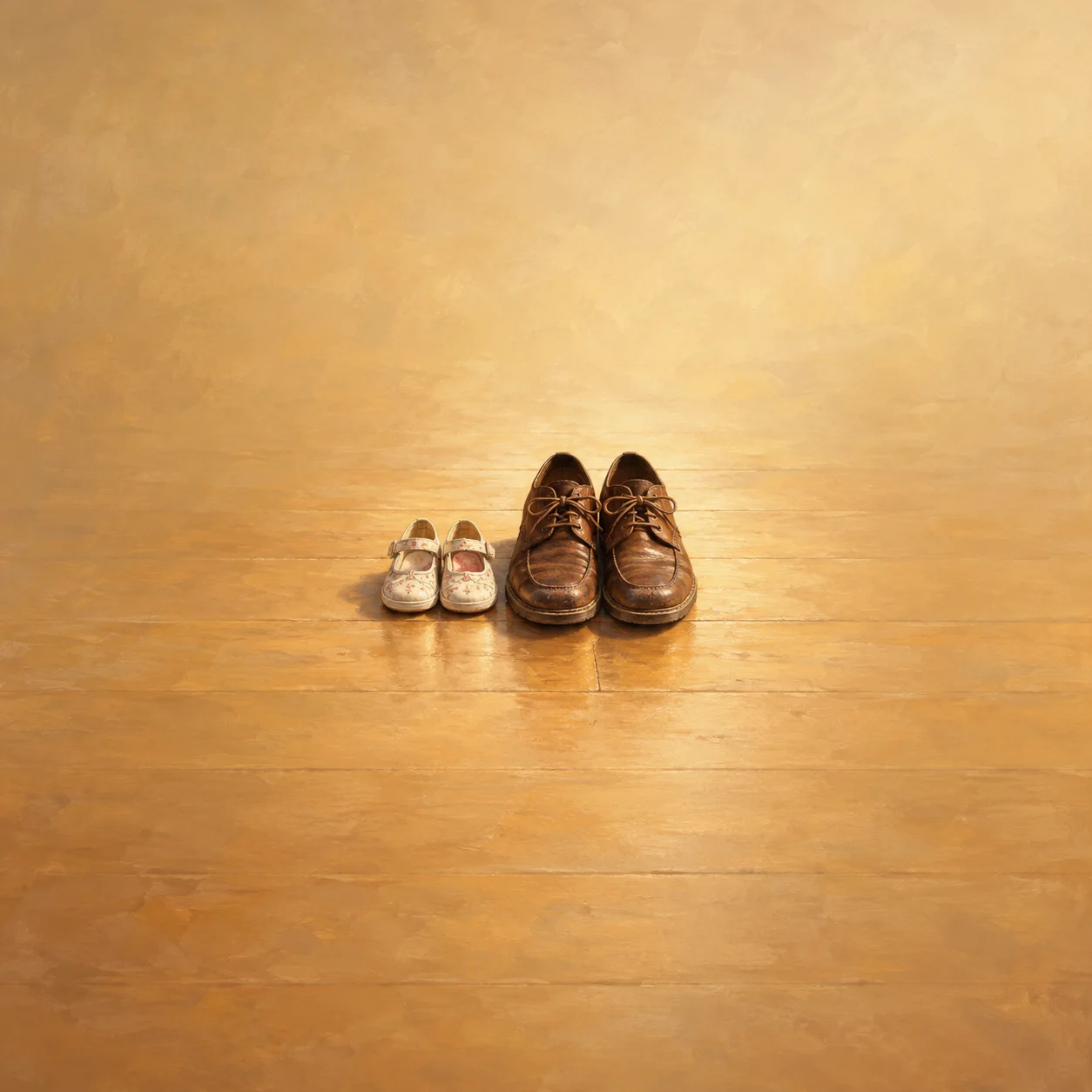 A small pair of cream children's shoes stands beside larger brown shoes on a warm wooden floor.