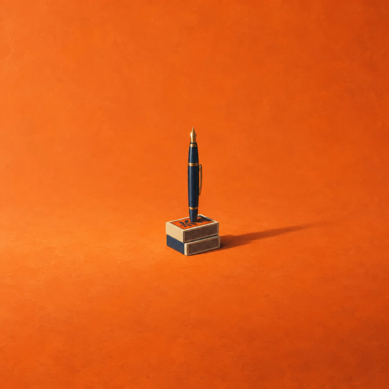 A fountain pen standing upright on stacked matchboxes, casting a long shadow on an orange surface.