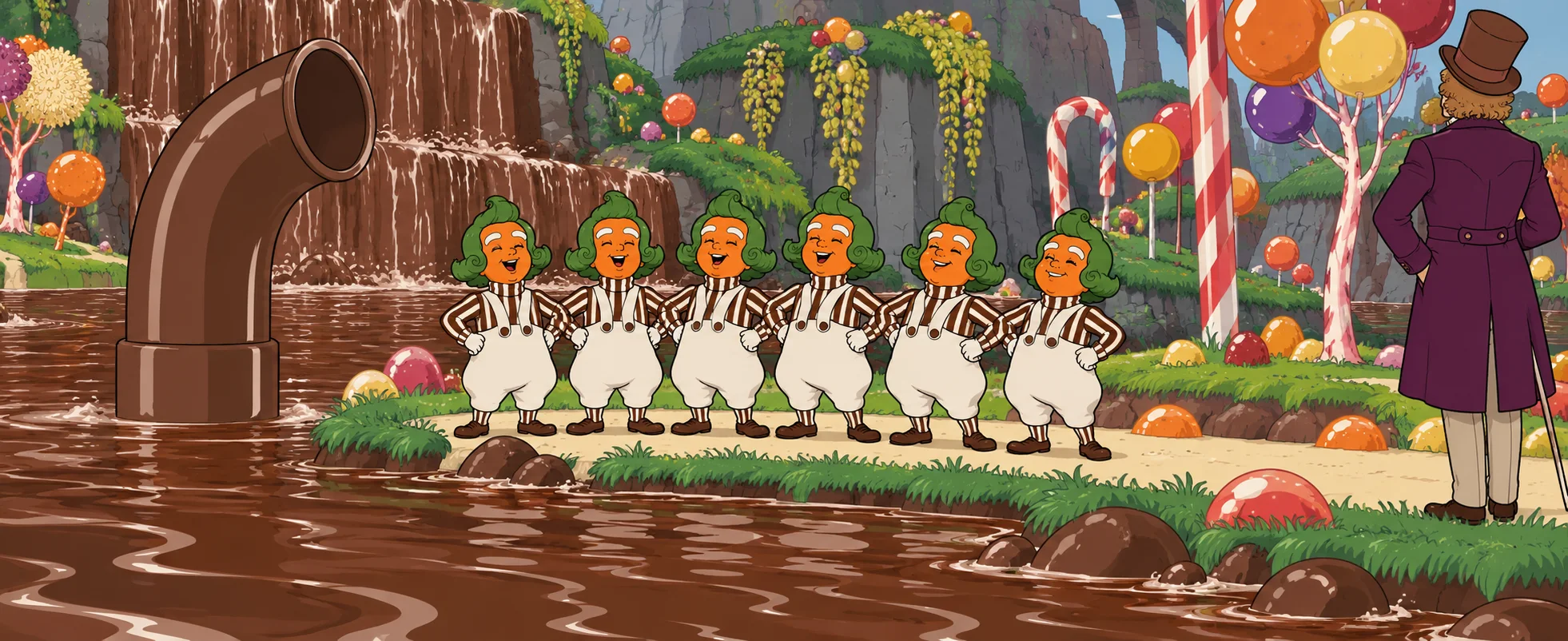 A row of six orange-skinned, green-haired Oompa-Loompas in striped jumpers and white dungarees sing hands-on-hips beside the chocolate river and its pipe, watched by Willy Wonka from behind.