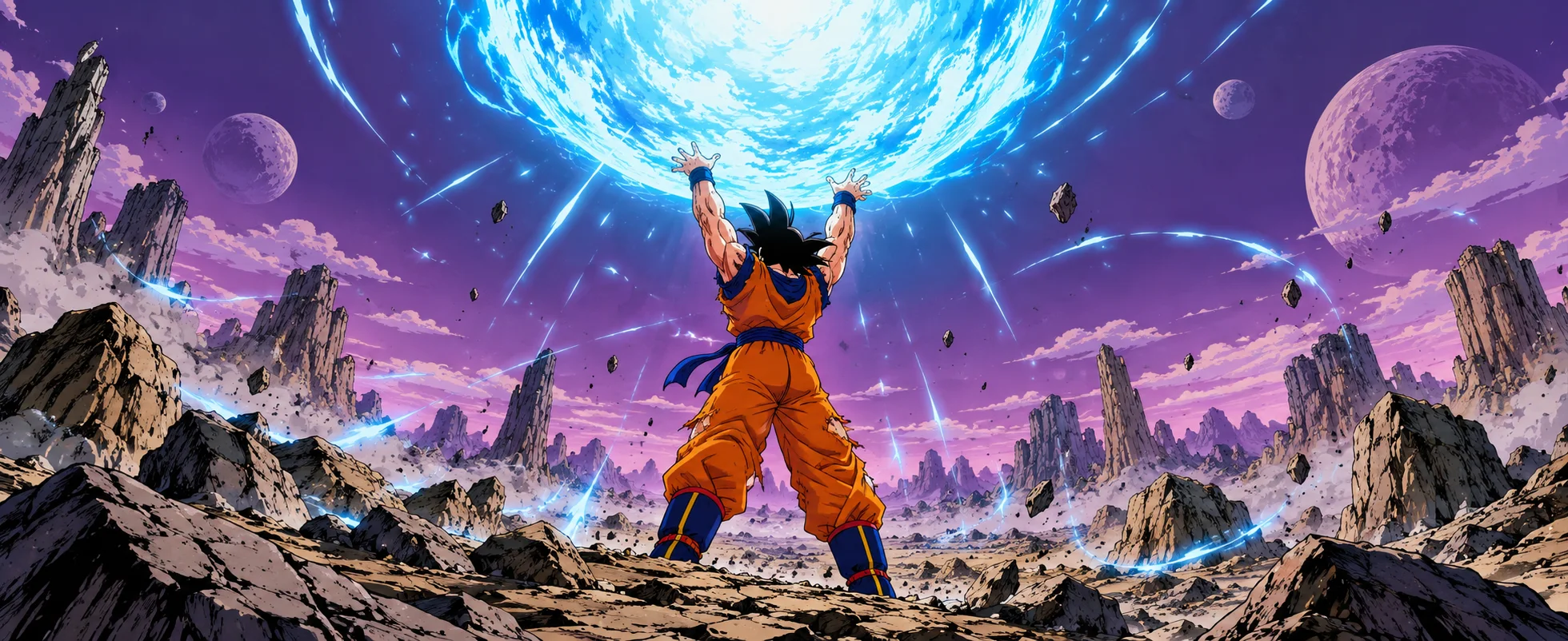 A fighter in orange raises both arms beneath a vast glowing blue sphere above a rocky alien landscape.