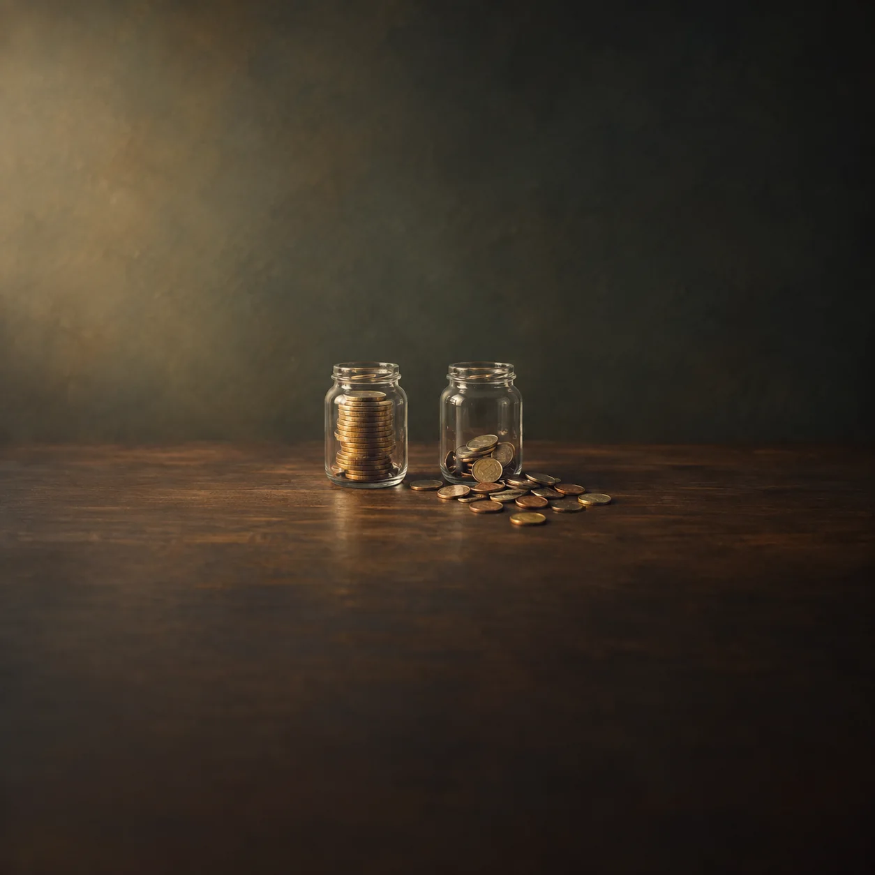Painterly two glass jars, one holding stacked coins and one beside scattered coins on wood.