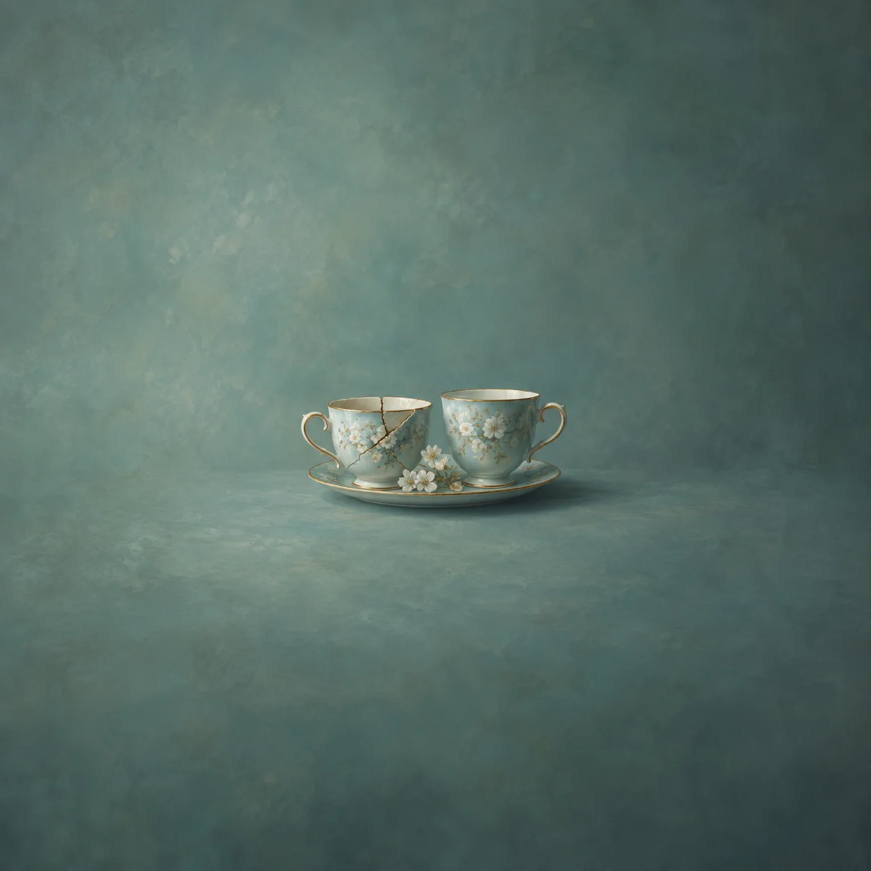 A chipped floral teacup stands beside an intact matching cup on a shared saucer against a teal background.
