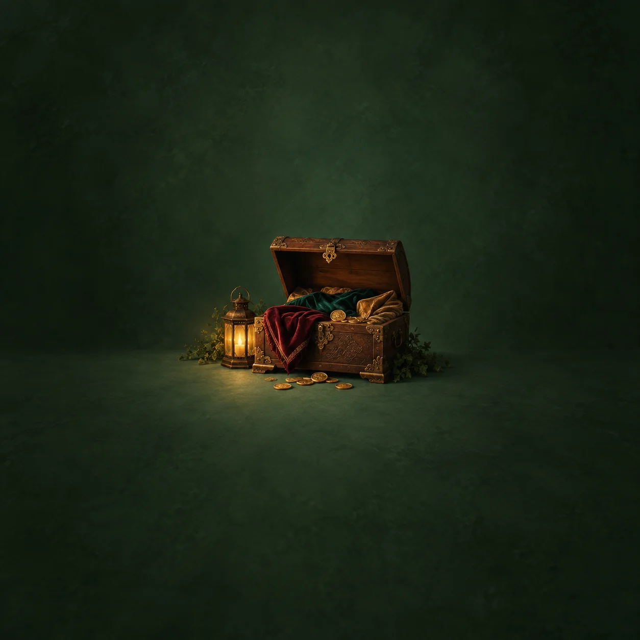 Painterly open ornate wooden chest holding folded fabrics and gold coins beside a lit lantern.