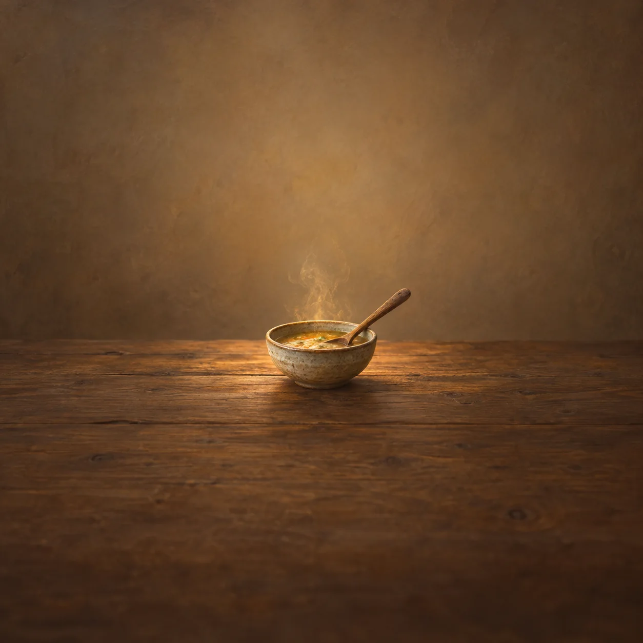 A wooden spoon rests in a steaming bowl of soup on a rustic table in warm amber light.