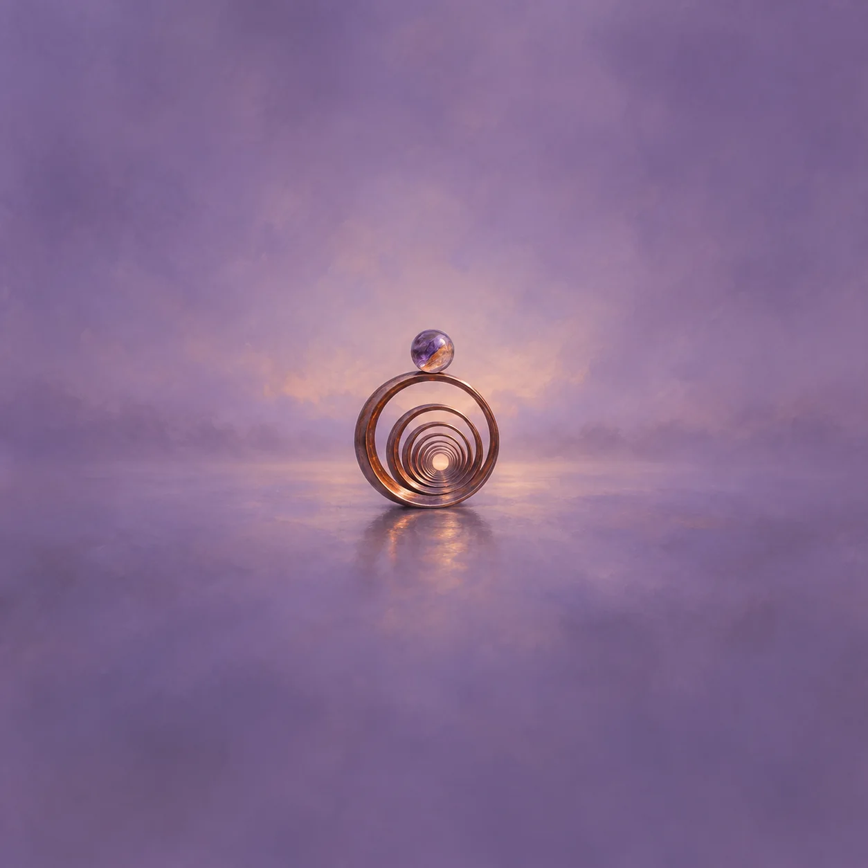 A glass marble rests above a coil of nested copper rings against a violet background.