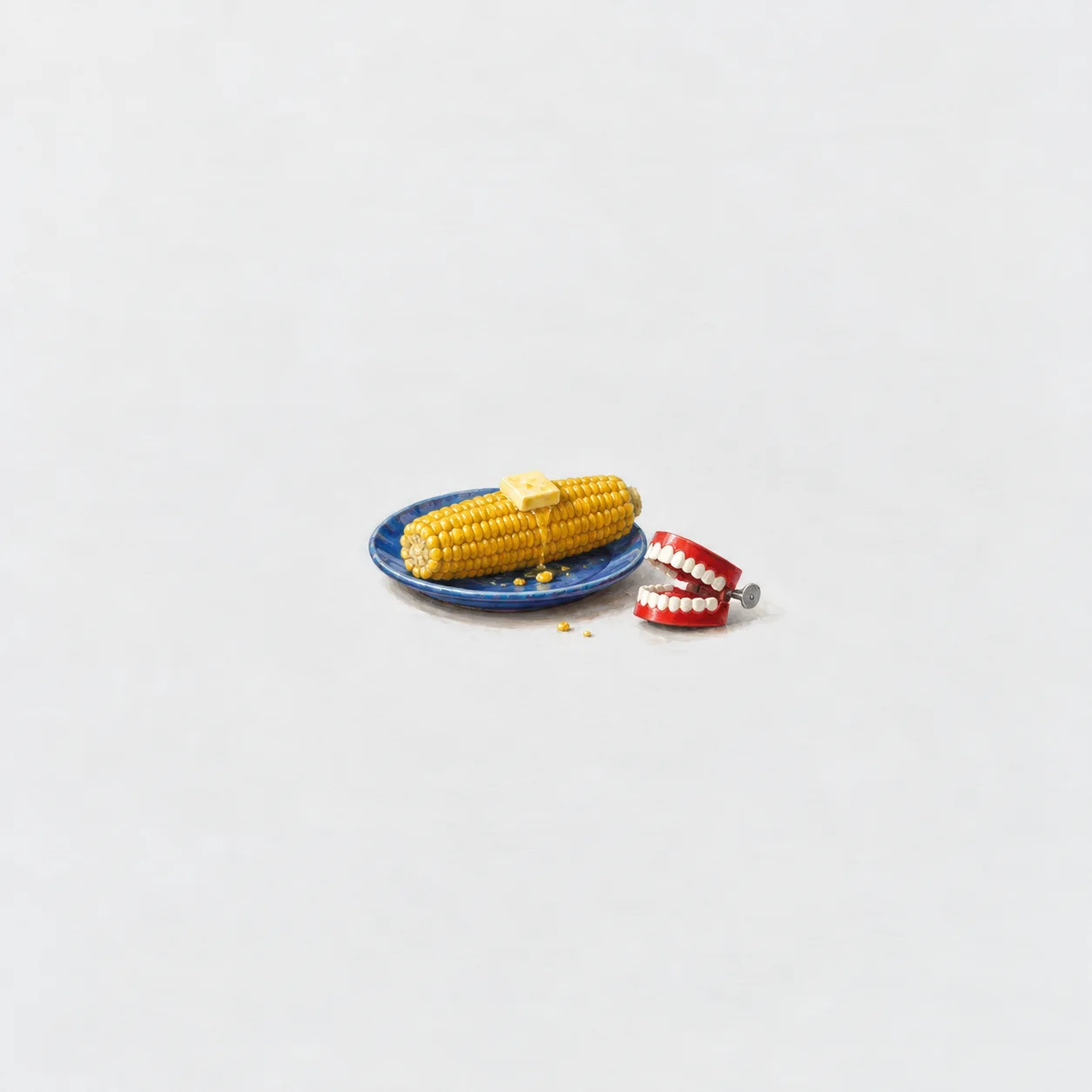 A buttered ear of corn rests on a blue plate beside red wind-up chattering teeth.