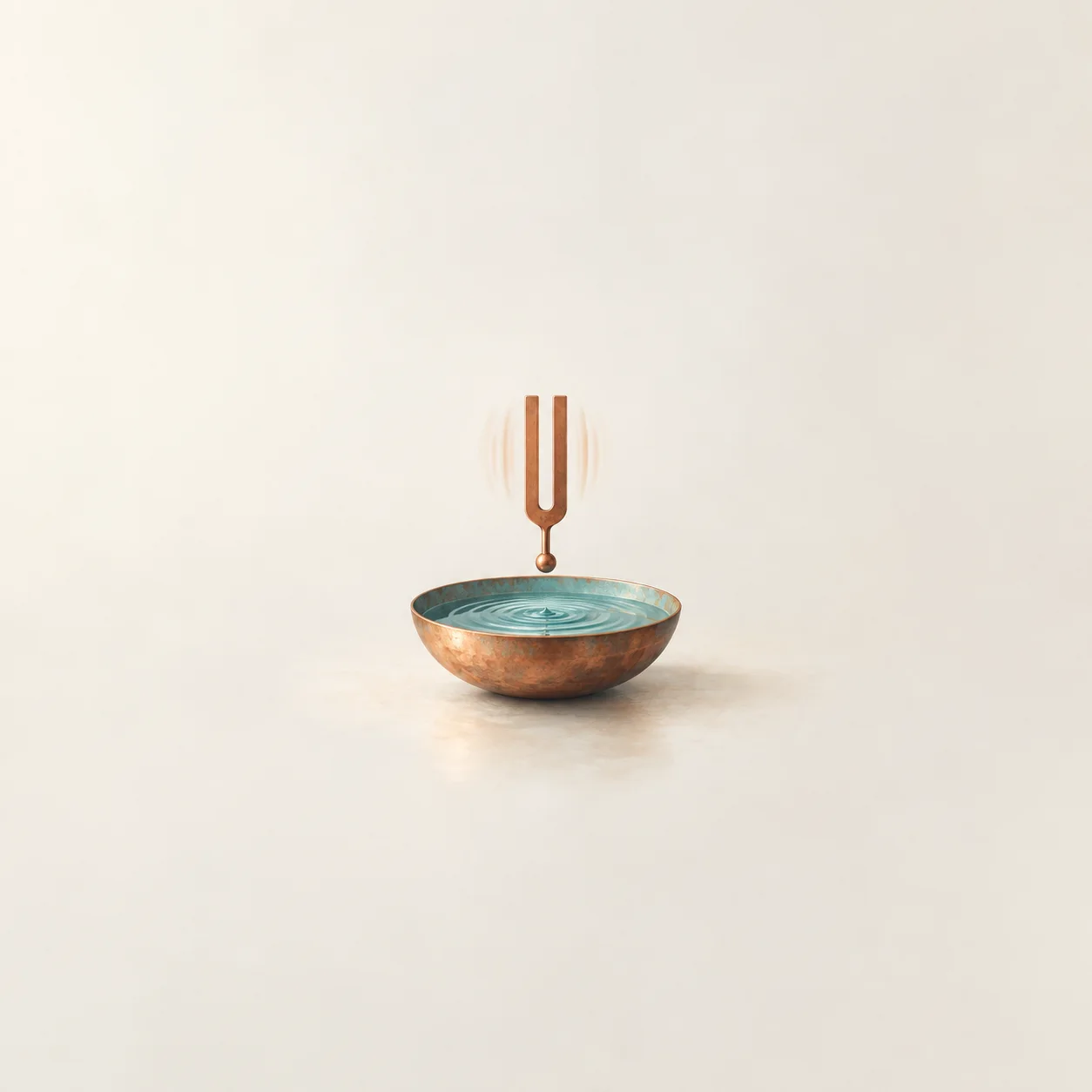 A copper tuning fork suspended above a copper bowl of turquoise water with circular ripples against a pale background.
