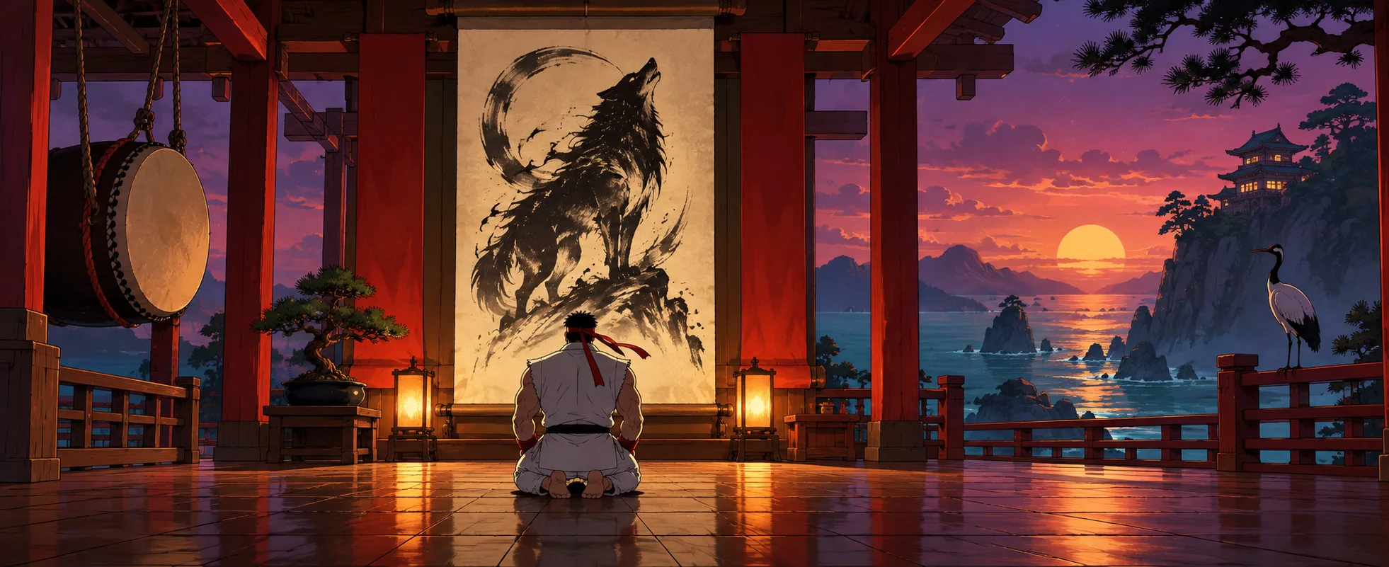 A martial artist in a white gi kneels before a hanging ink scroll of a wolf in a dojo above the sea at sunset.