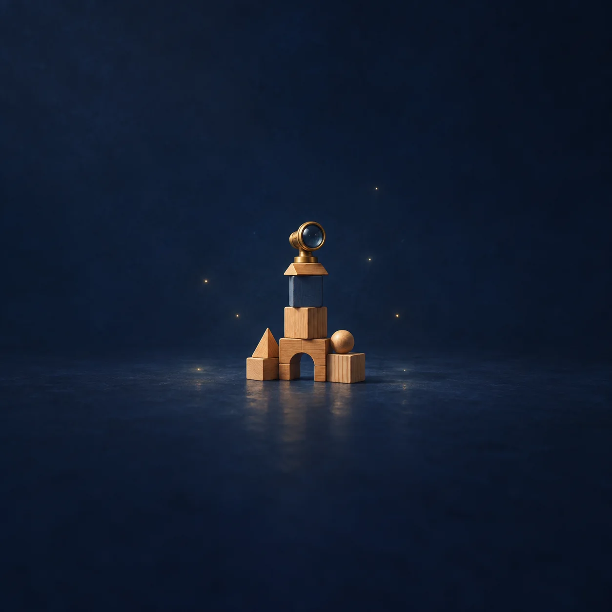 A small wooden block tower topped with a brass lens on a midnight-blue surface.
