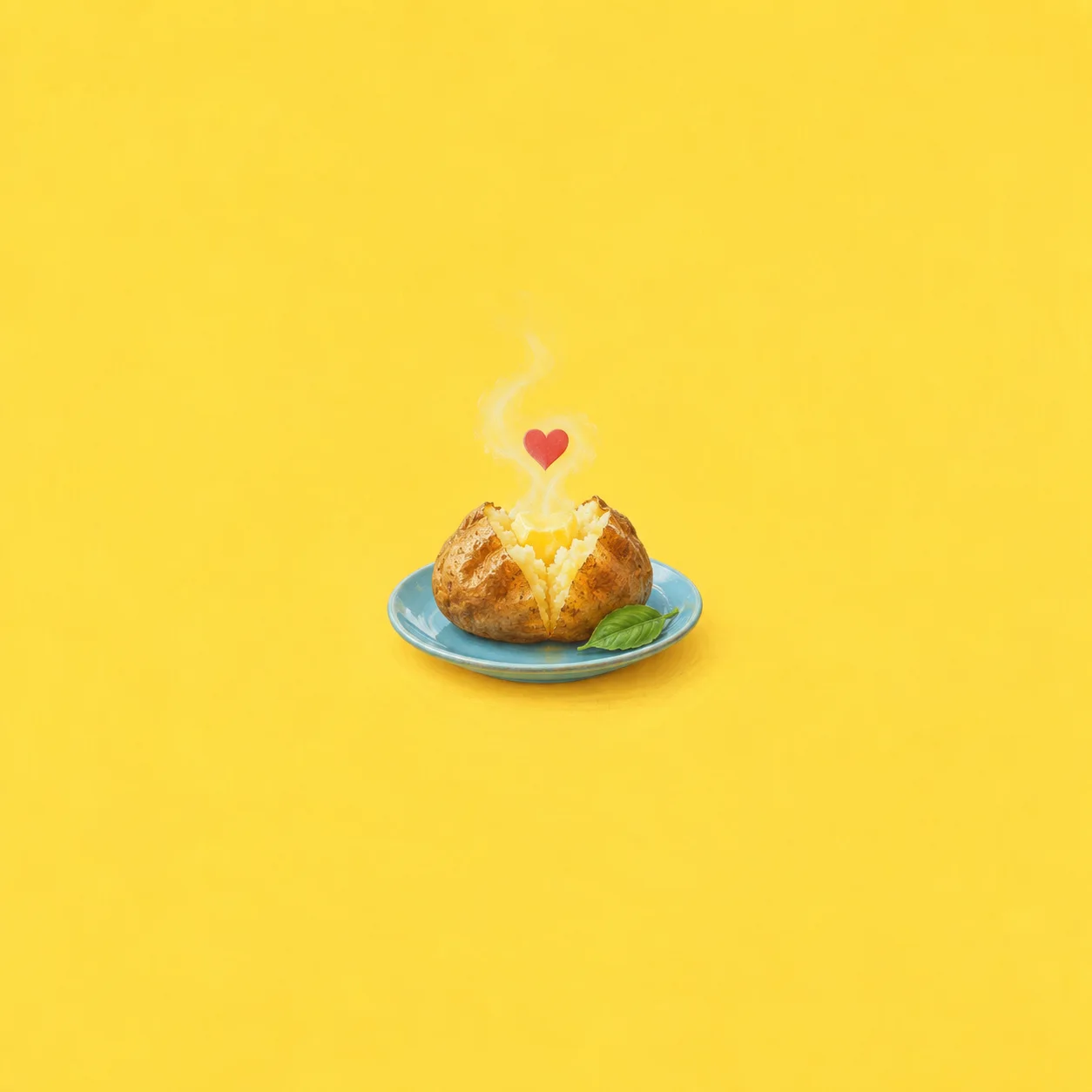 A red heart floats in steam above a split baked potato on a blue plate beside a green leaf against yellow.