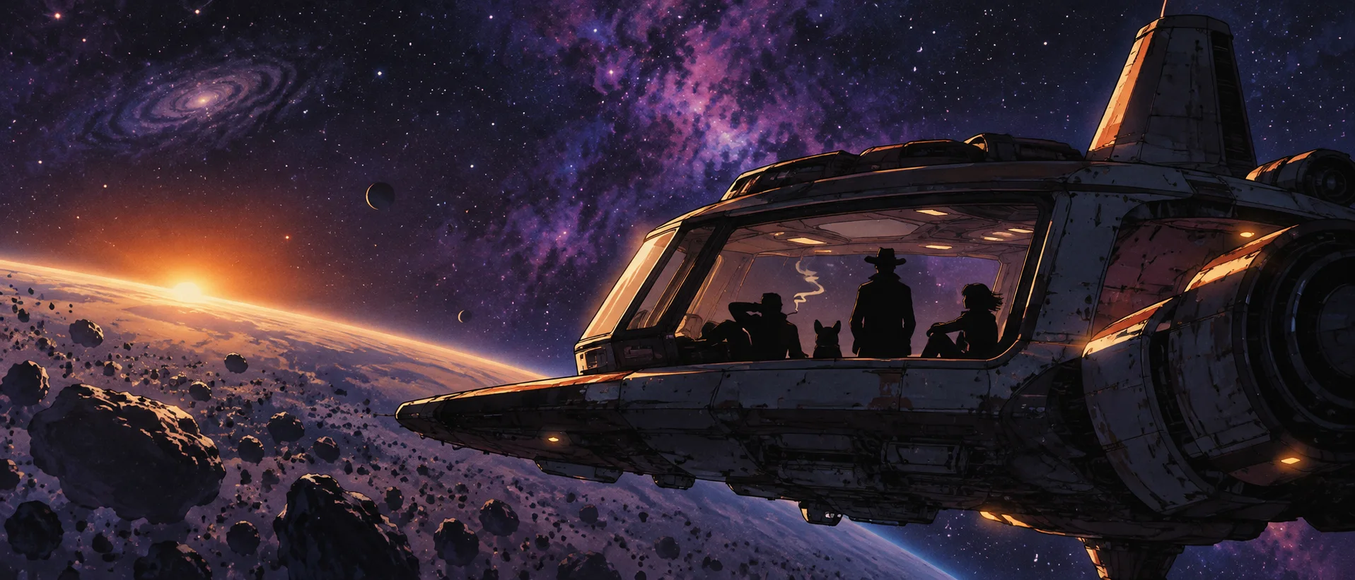 Anime illustration: a battered spaceship drifts through an asteroid field against a purple starry sky, silhouettes of its crew, one in a cowboy hat, at the observation window.