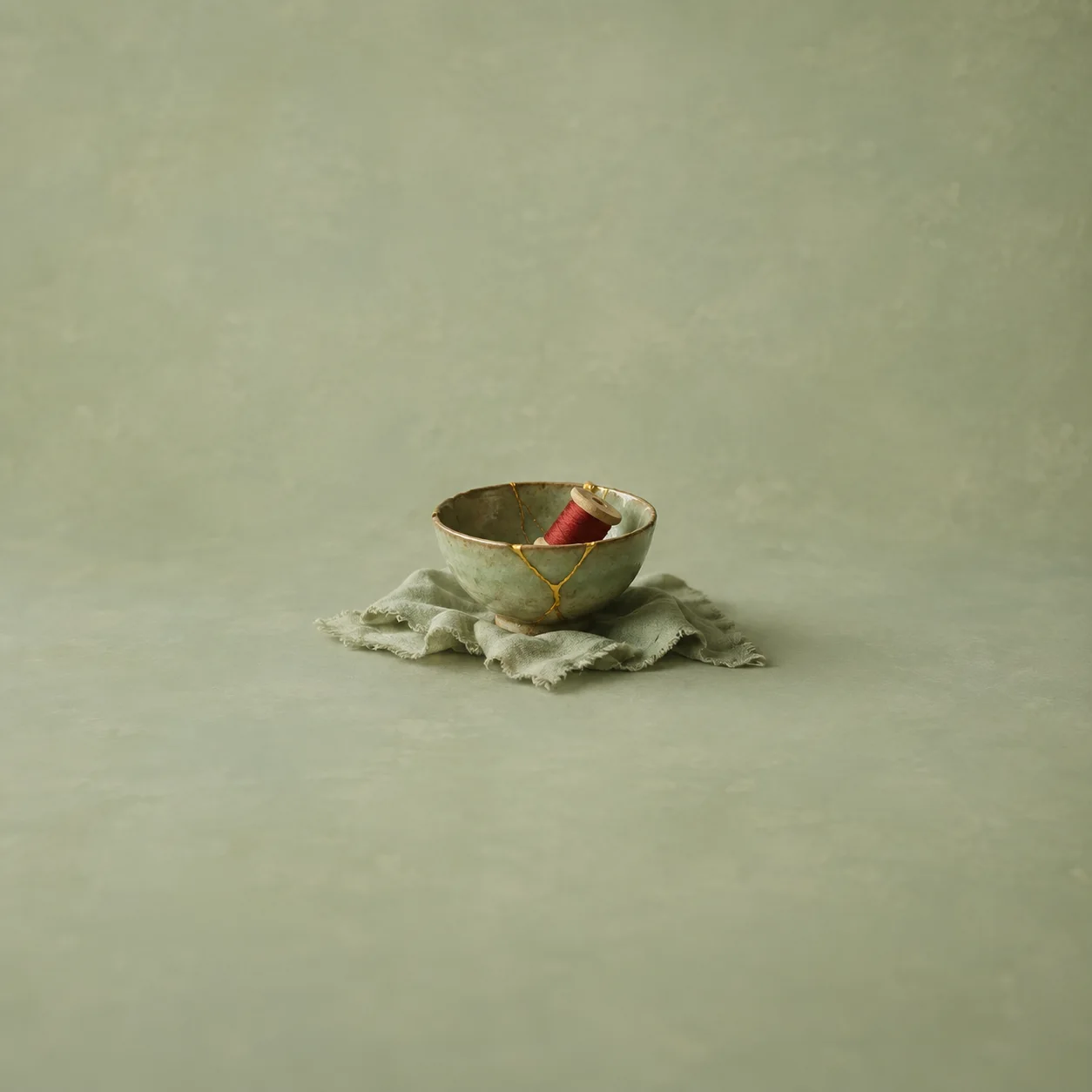 A ceramic bowl repaired with a gold seam, holding a small red thread spool on sage cloth.