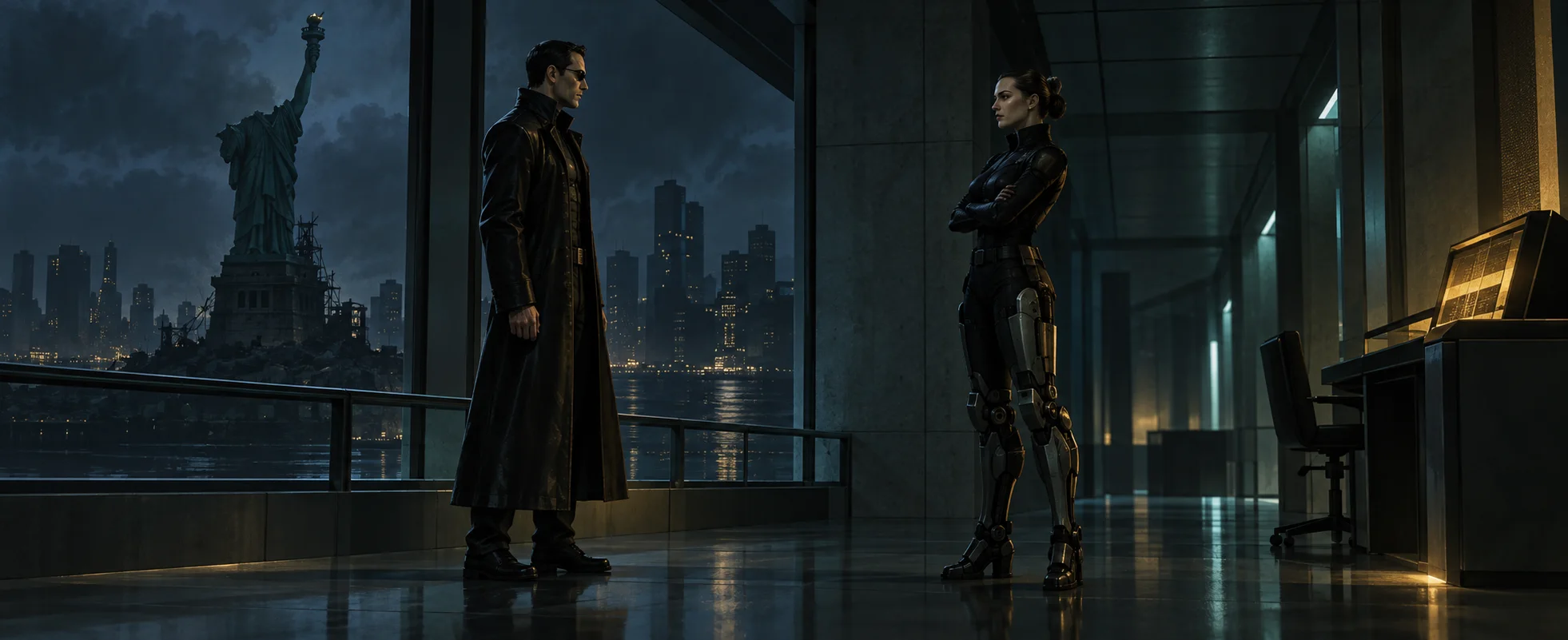 JC Denton in a long black coat and sunglasses stands at night in a UNATCO office facing Anna Navarre, whose legs are mechanical, the Statue of Liberty silhouetted through the window.