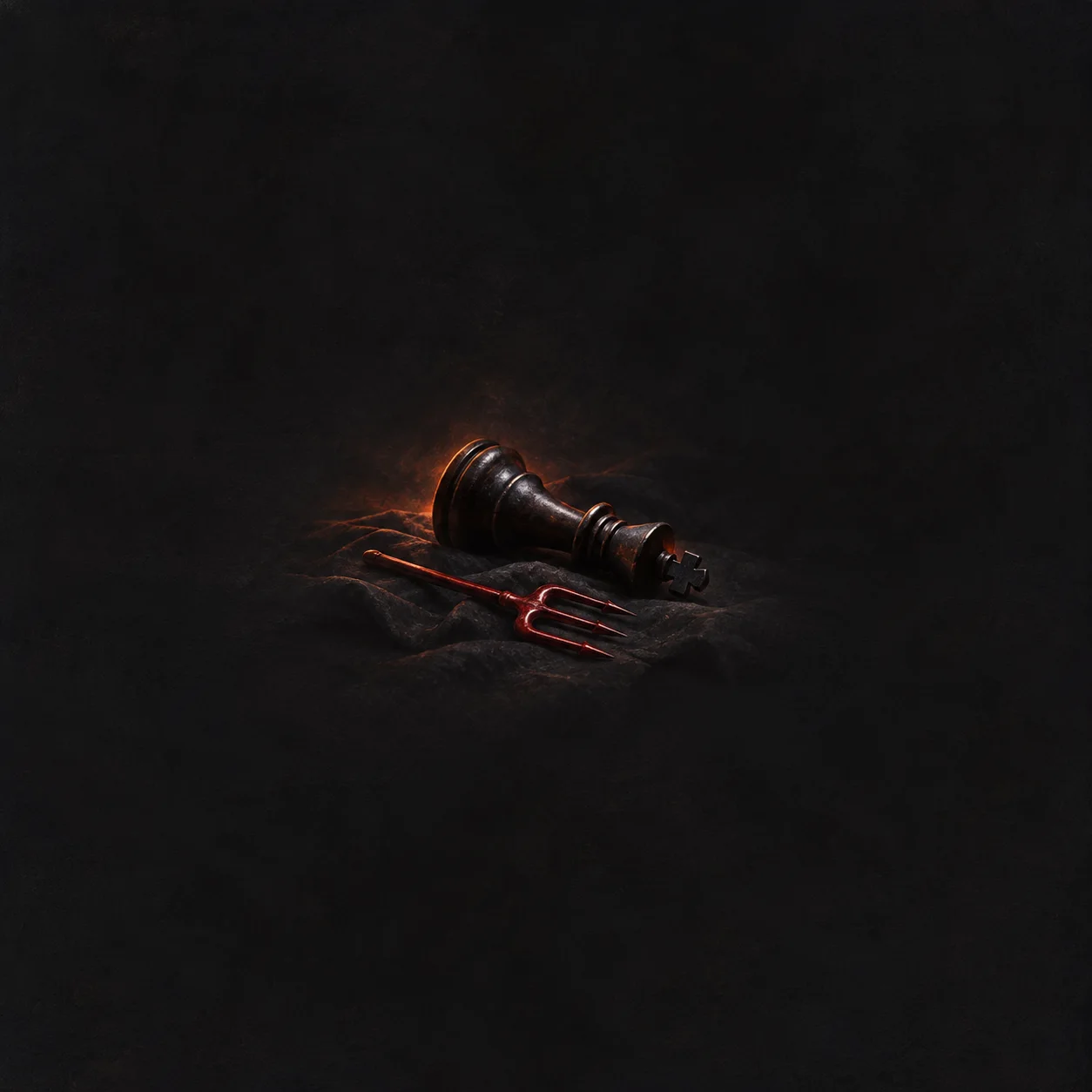 A toppled black chess king lies beside a red miniature pitchfork on dark cloth.