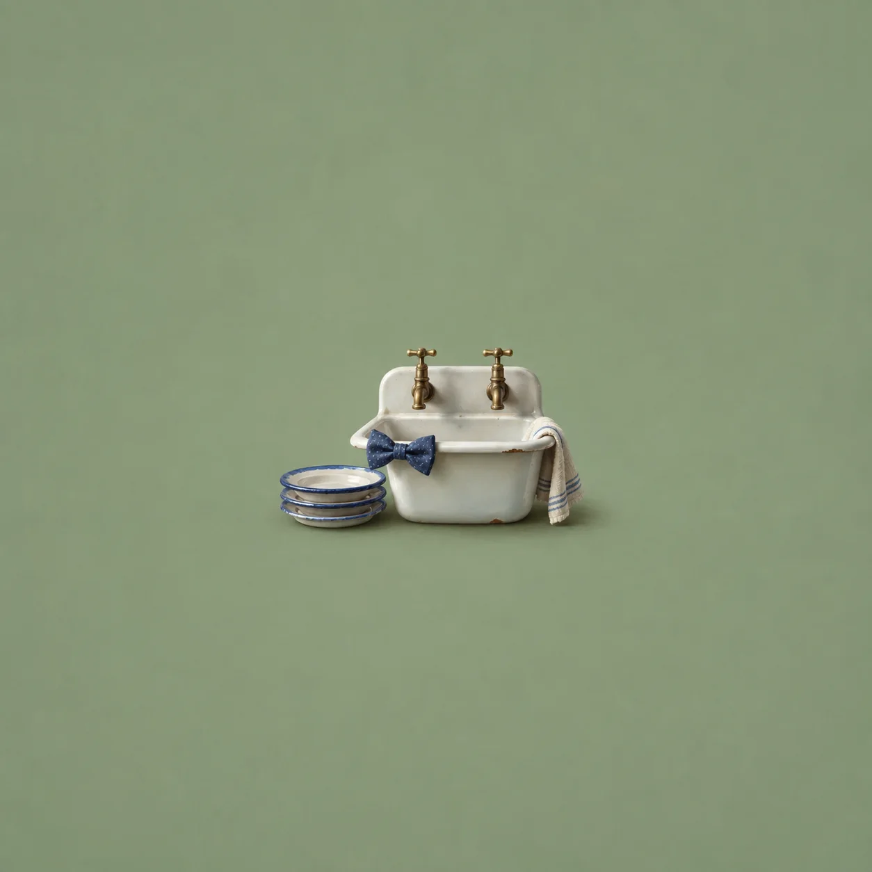 A tiny white sink with brass taps, a blue bow tie and a towel beside a stack of blue-rimmed plates.