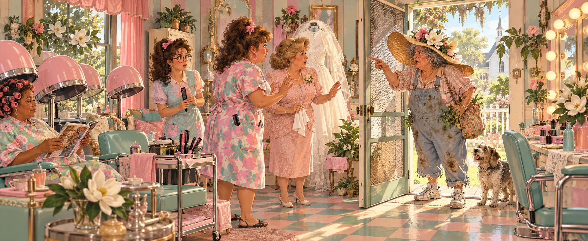 A cranky woman in a huge sun hat and overalls storms into a pink small-town beauty parlour with her scruffy dog as the women inside turn to calm her.
