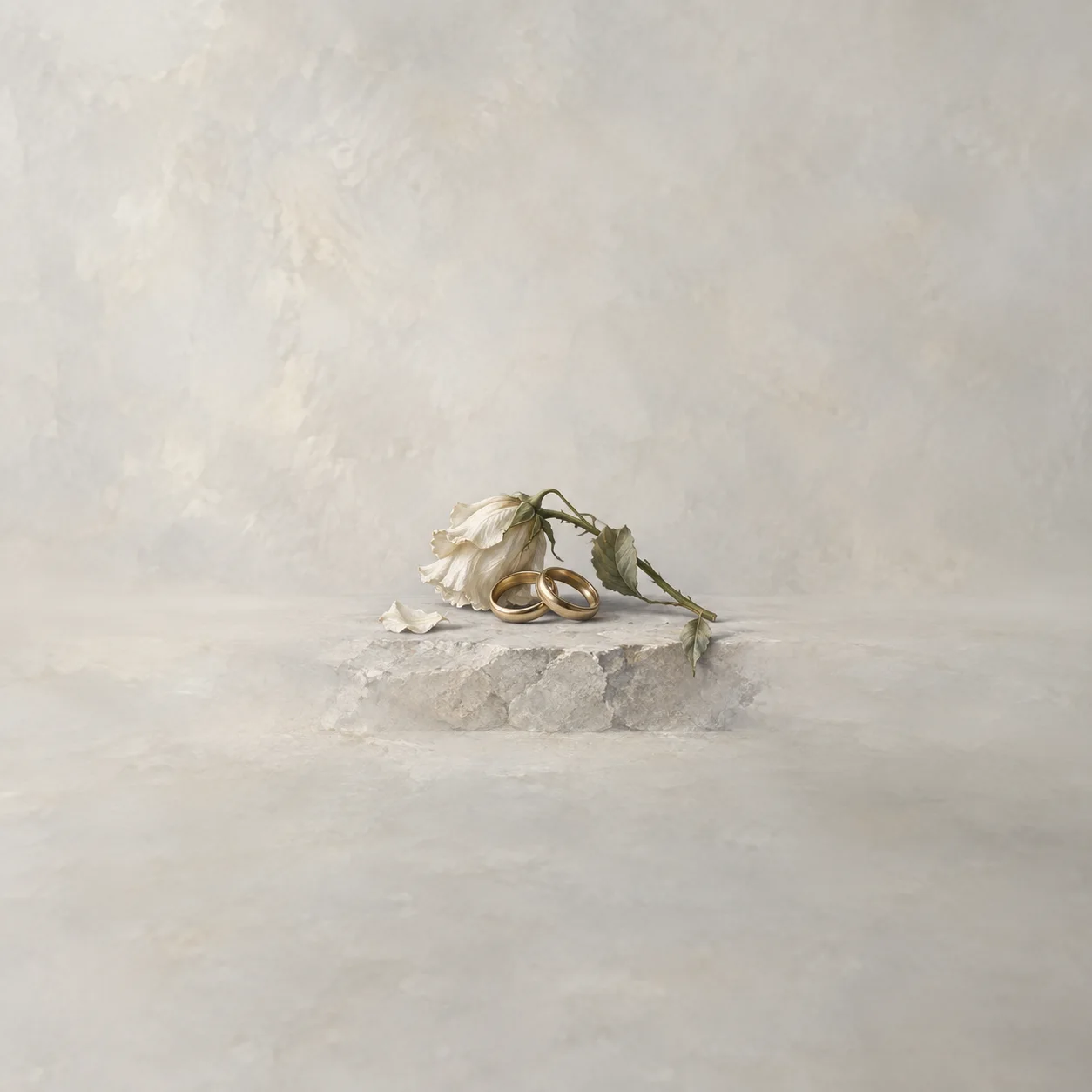 Painterly wilted white flower draped beside intertwined gold rings on a pale stone ledge.