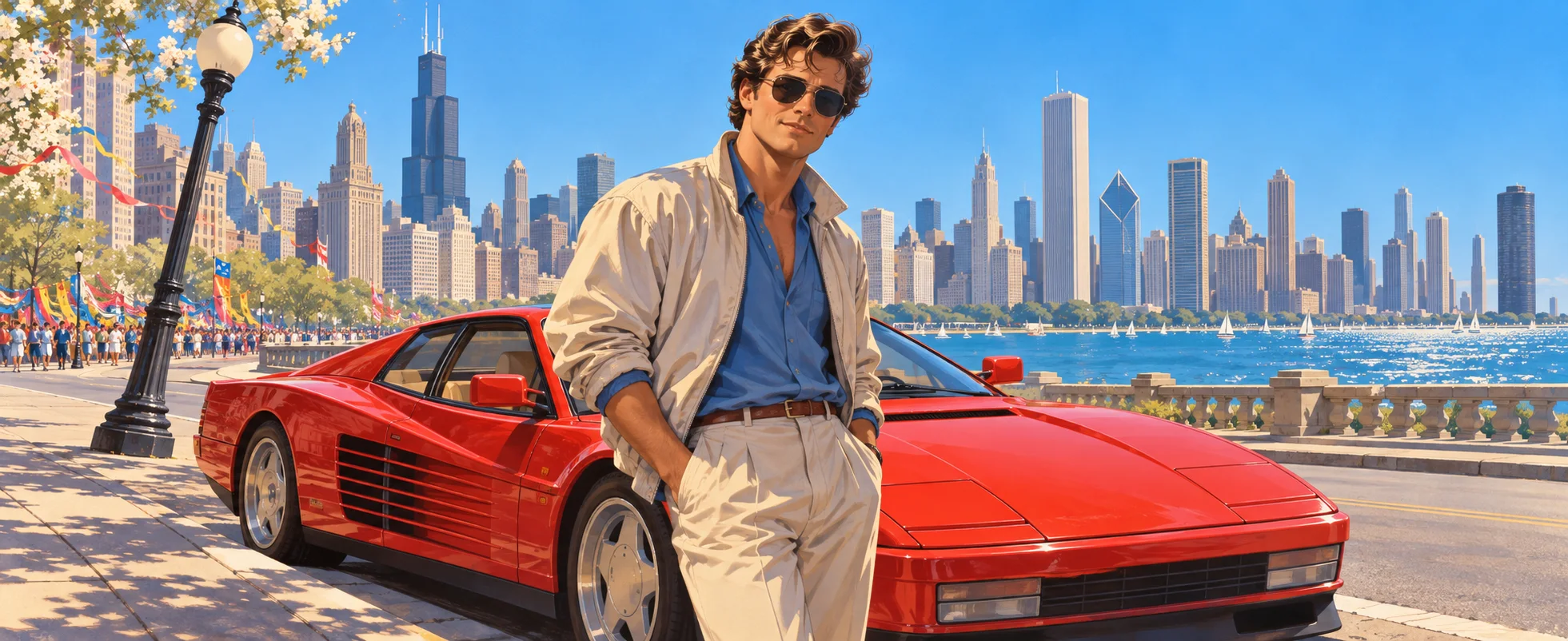 A teenager in sunglasses and a light jacket leans against a red sports car on a sunny Chicago lakefront, the skyline behind him.