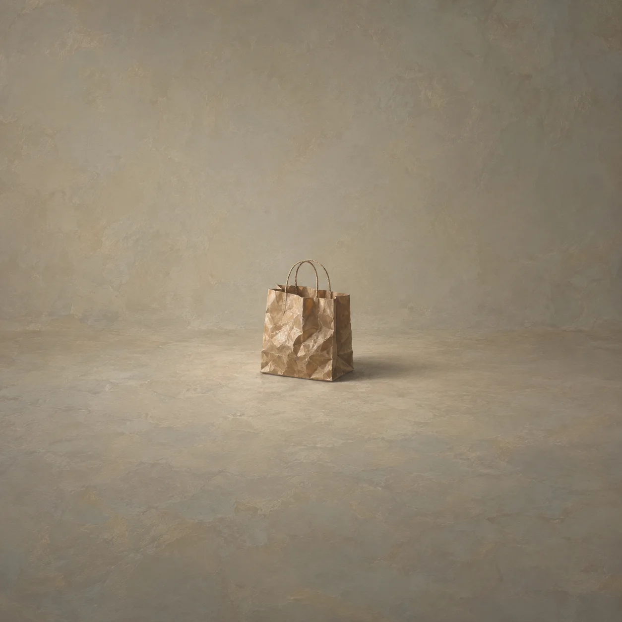 A crumpled brown paper shopping bag sits alone on a plain floor.
