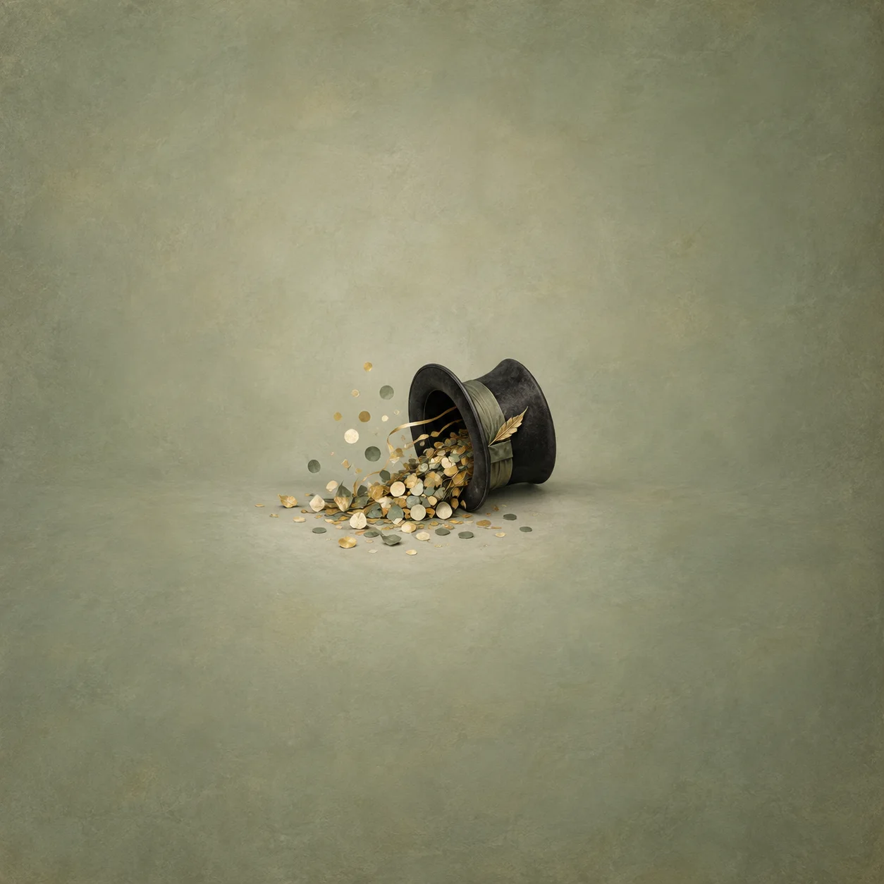 Painterly black top hat tipped sideways, spilling pale and gold confetti on sage green.