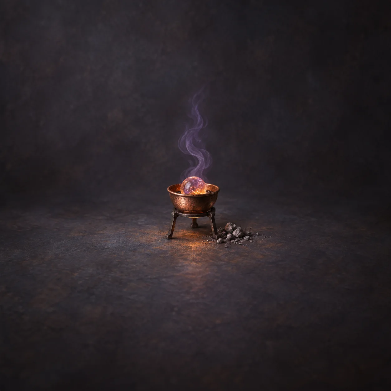A copper crucible on three legs holds a glowing glass sphere beneath curling purple smoke, with dark stones beside it.