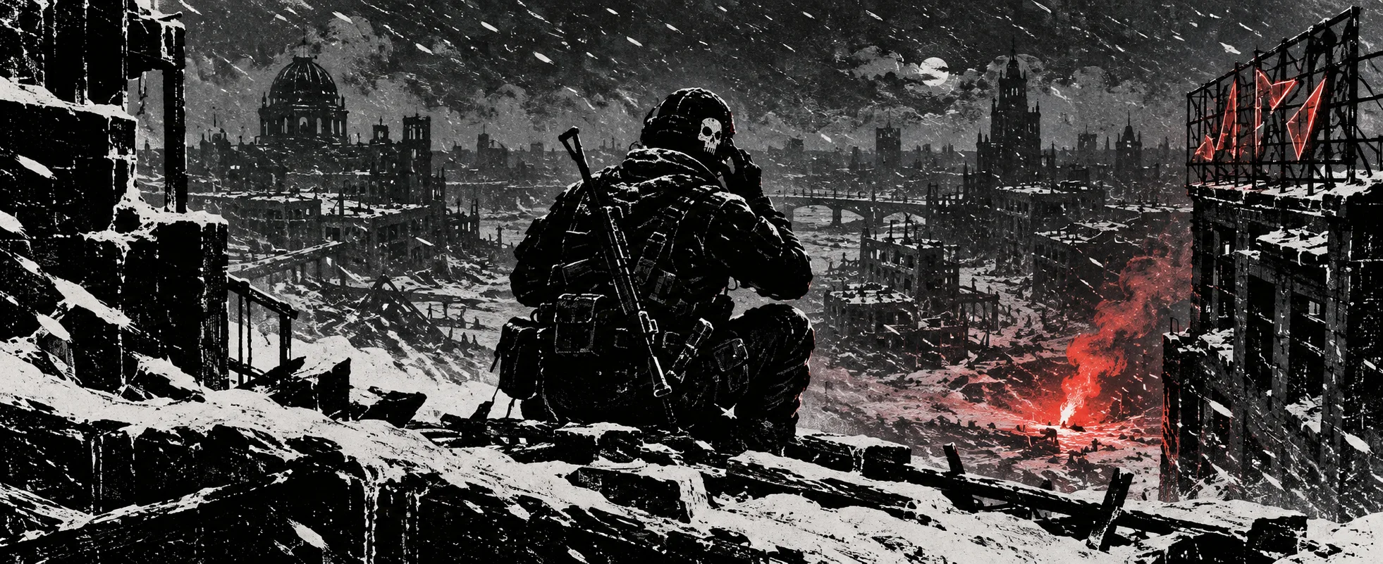 Stark black-and-white ink illustration of a masked soldier crouched on a snowy ruined rooftop, hand to his radio, a red flare dying in the snow below.