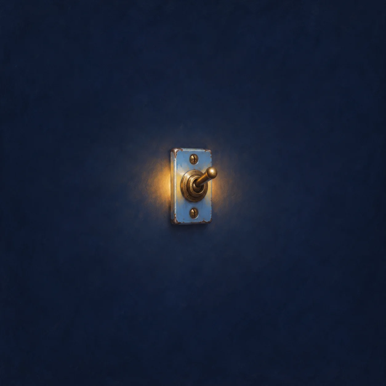 A brass toggle switch on a pale-blue plate with amber light behind it on a navy background.
