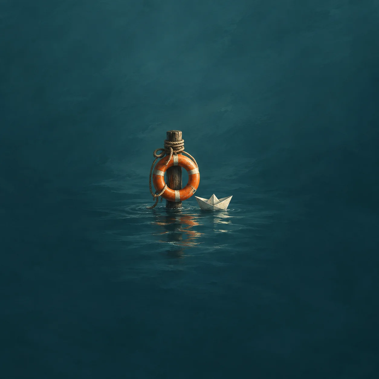 An orange lifebuoy tied to a short wooden post beside a small paper boat on teal water.