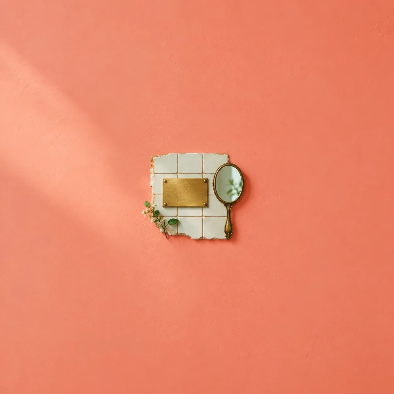 A blank brass plaque and a hand mirror rest against a small section of pale tiled wall.