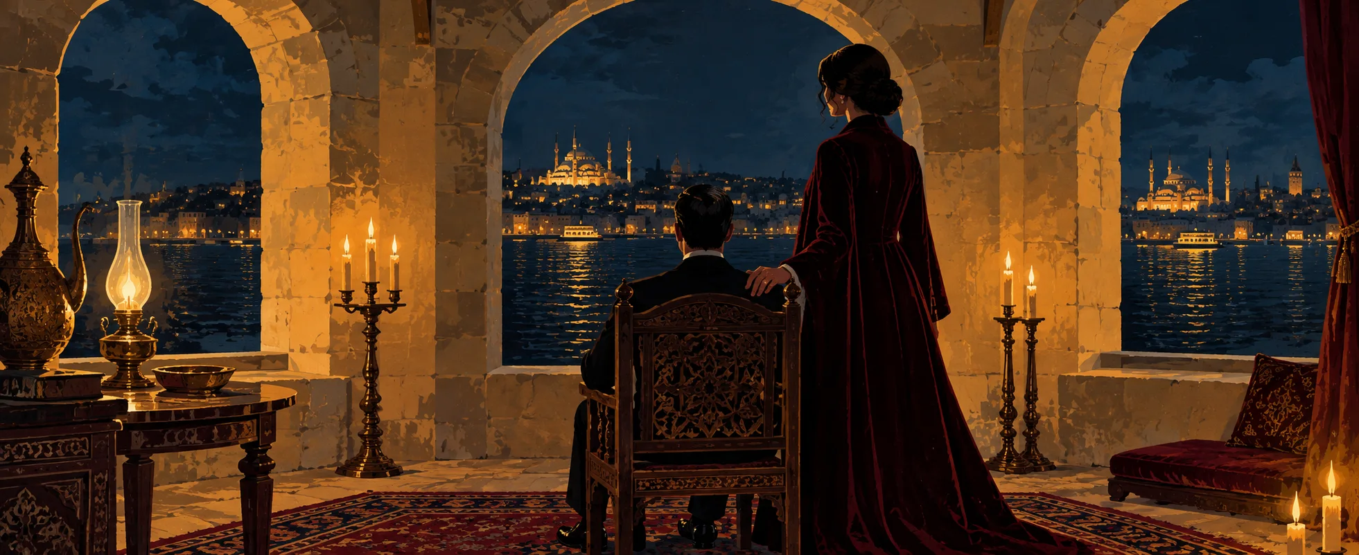 In a candlelit stone chamber of the Maiden's Tower above the Bosphorus at night, Bond sits in an antique carved chair while Elektra King stands beside him in a long velvet coat.