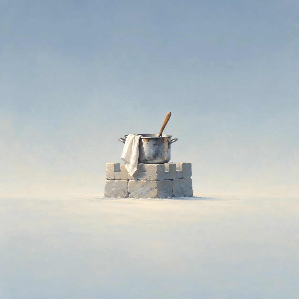 A battered metal pot with a wooden spoon and a draped white cloth sits on small grey castle-like blocks.