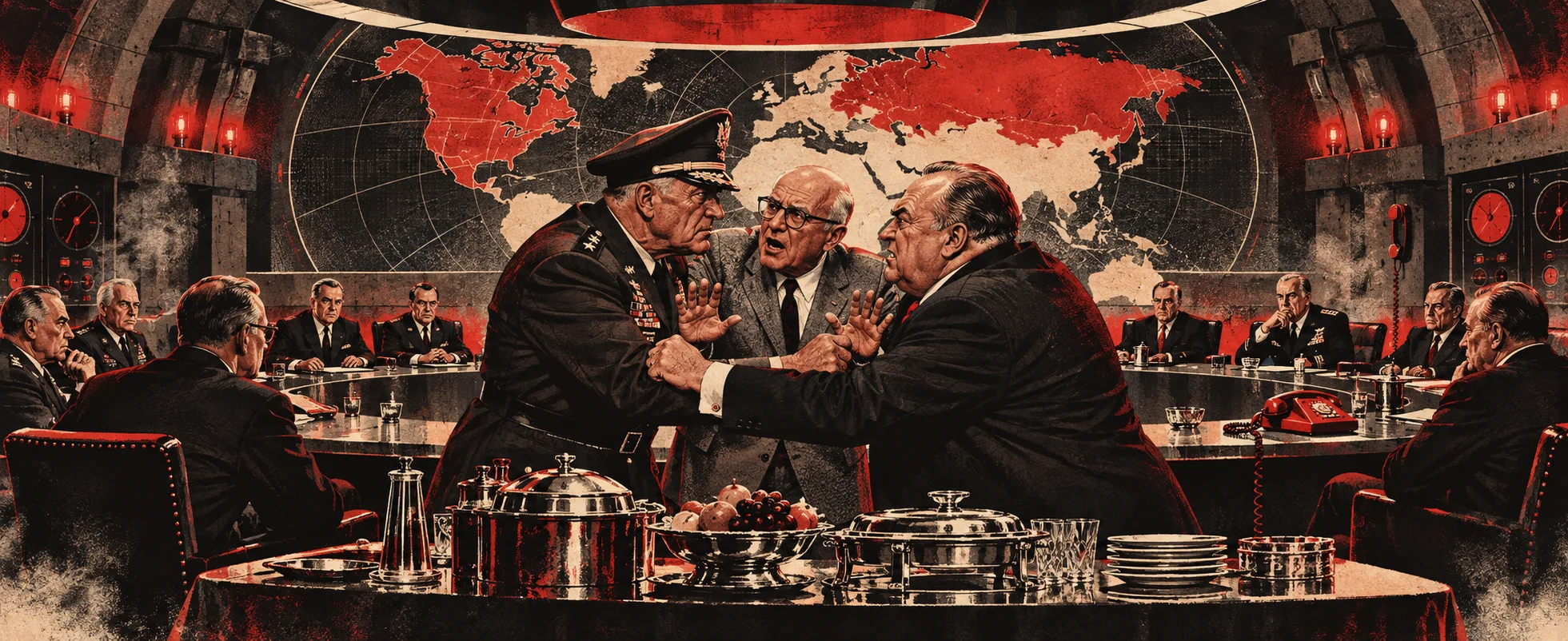 In a vast underground war room under a glowing world map, a general and a stout ambassador grapple by the buffet while a bald president tries to part them.