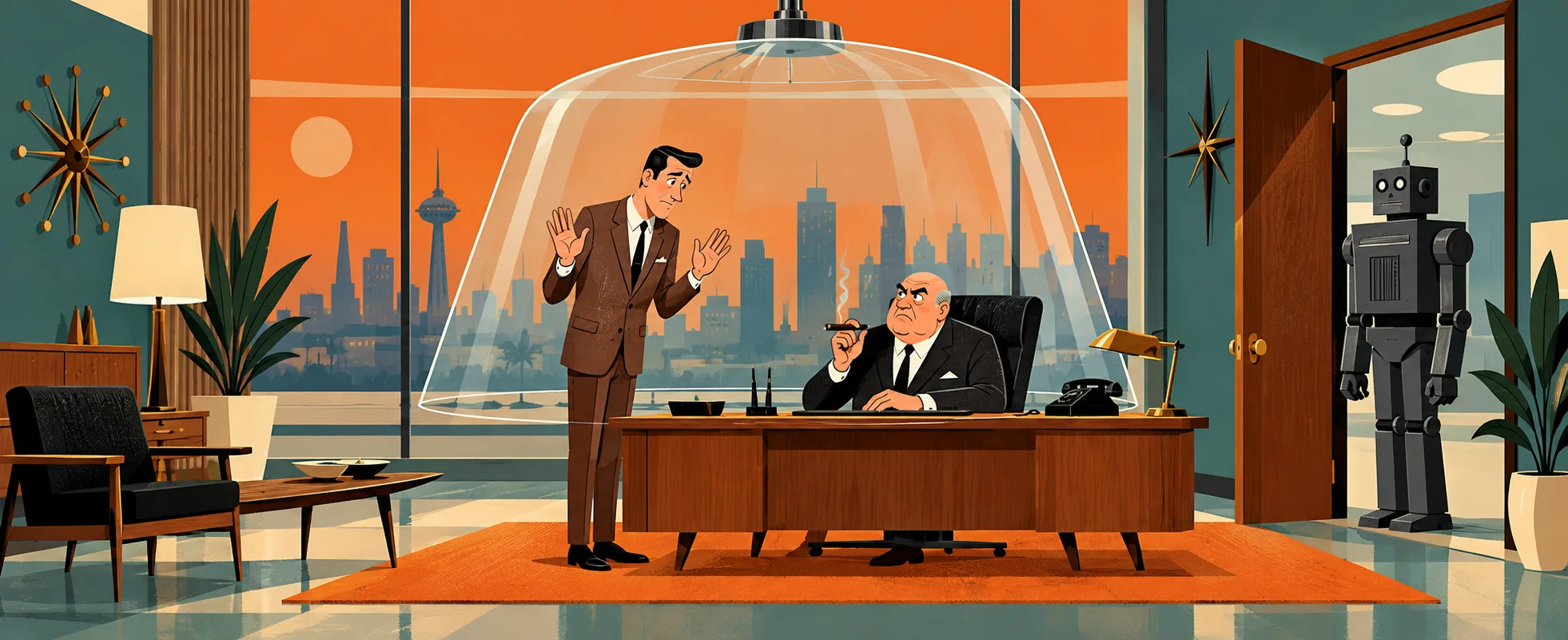 Mid-century flat illustration of a sheepish agent in a brown suit raising his hands in apology before a bald chief with a cigar at his desk, both under a glass dome, a boxy robot by the door.