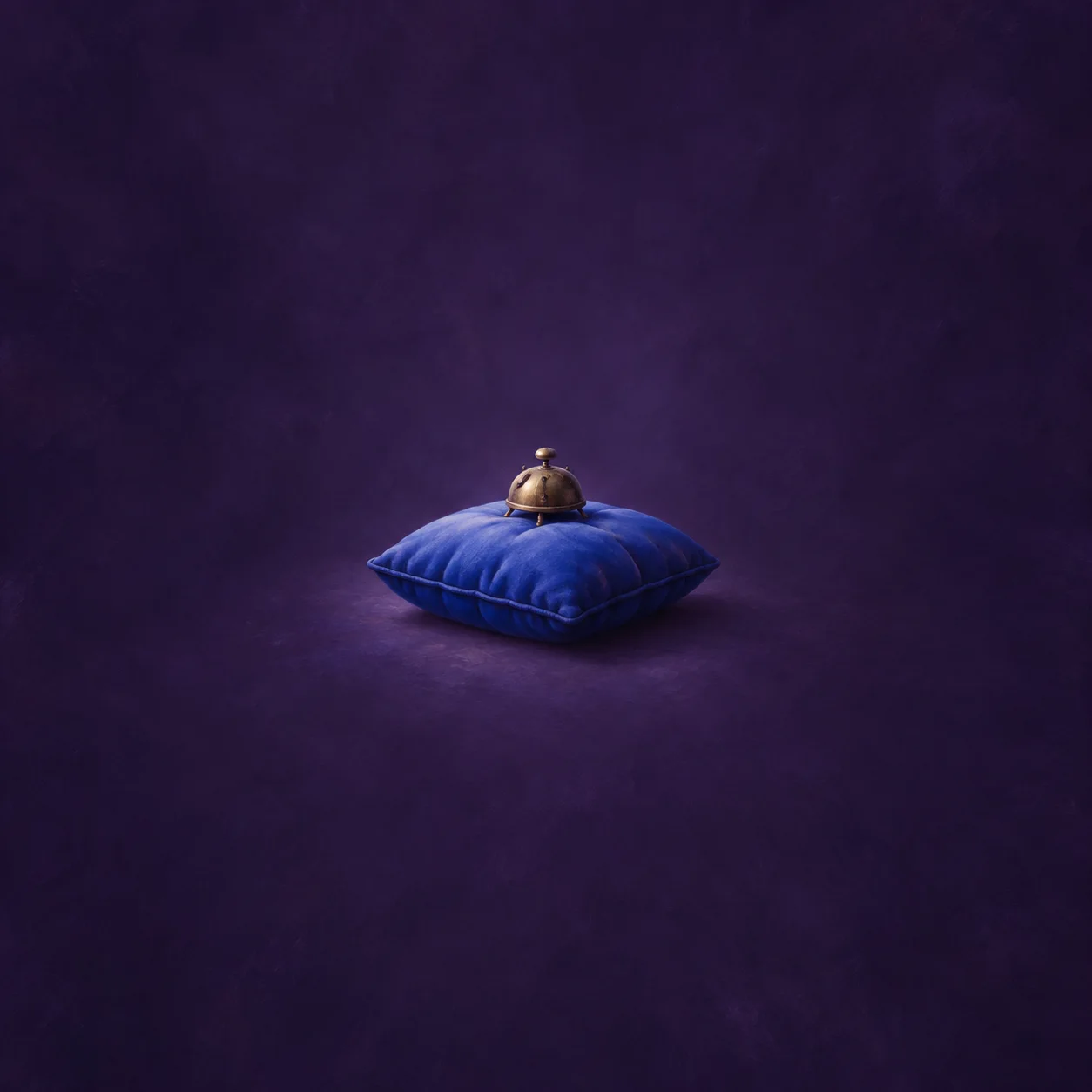 A blue pillow with a small brass bell resting on it against a violet background.