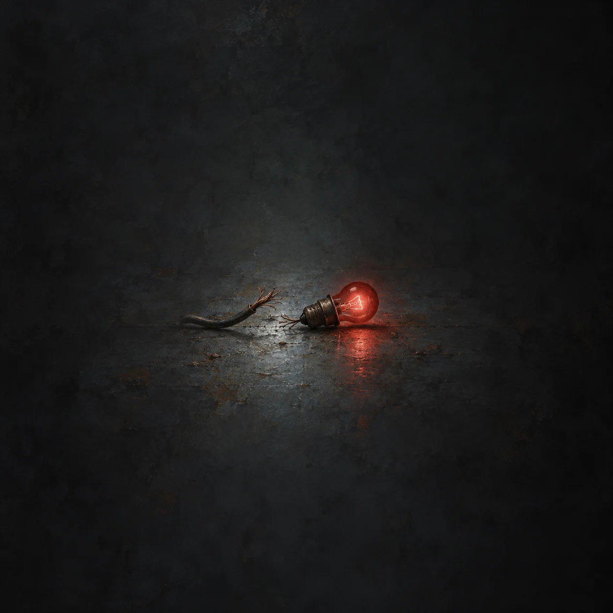 A glowing red light bulb lies beside frayed disconnected wires on a dark reflective surface.