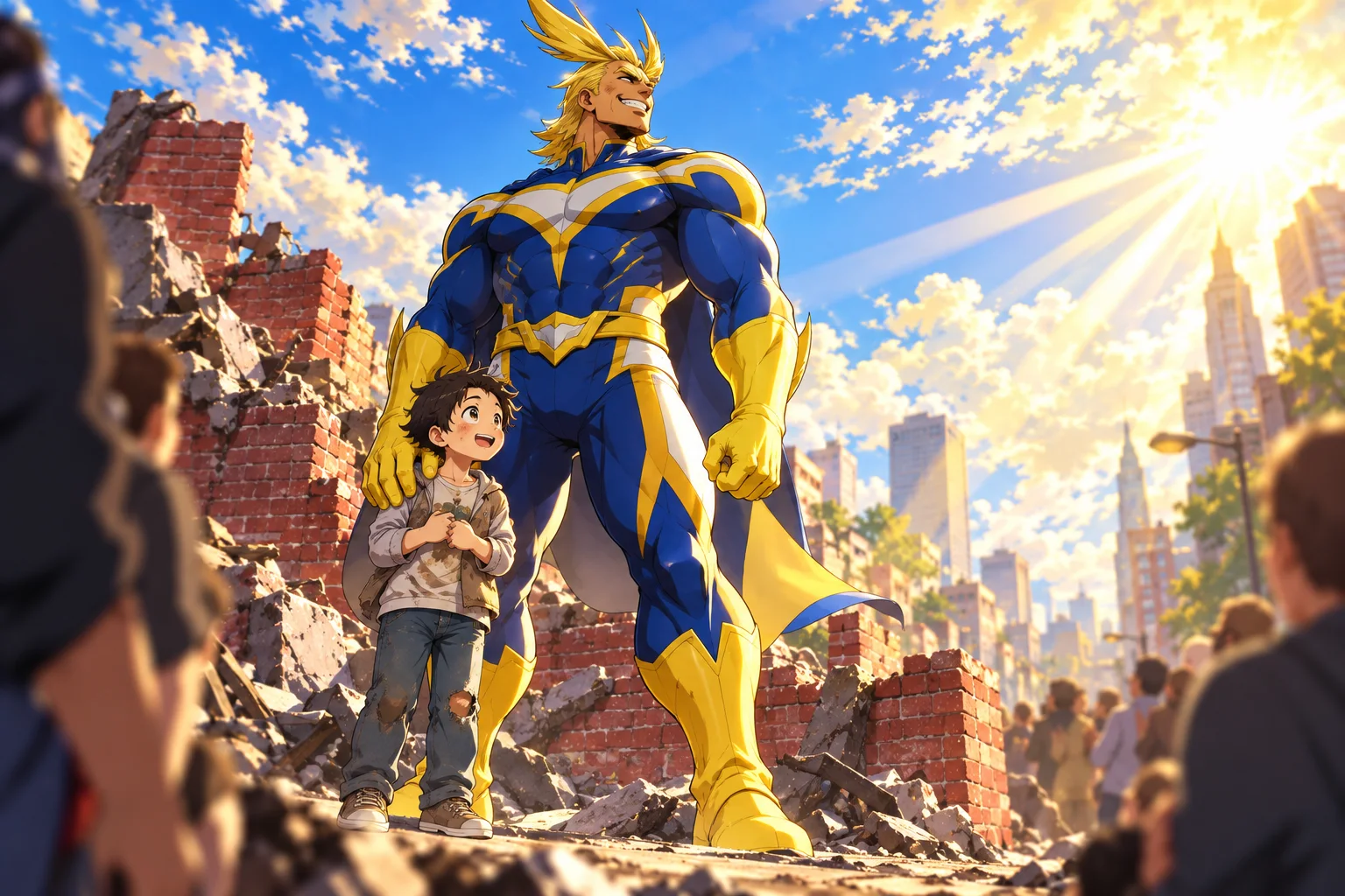 Anime illustration: a towering, muscular hero in a blue, white and yellow costume with spiked blond hair grins skyward, resting one hand on the shoulder of a small, awestruck boy among brick rubble beneath a bright sun-flared sky.