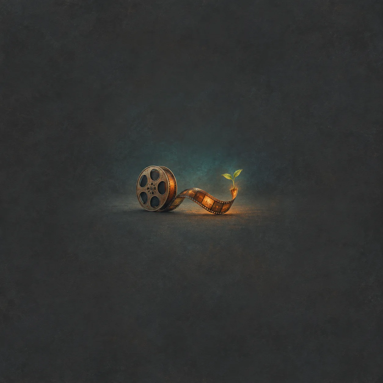 A film reel unspools an amber strip that curls upwards beneath a small green seedling.