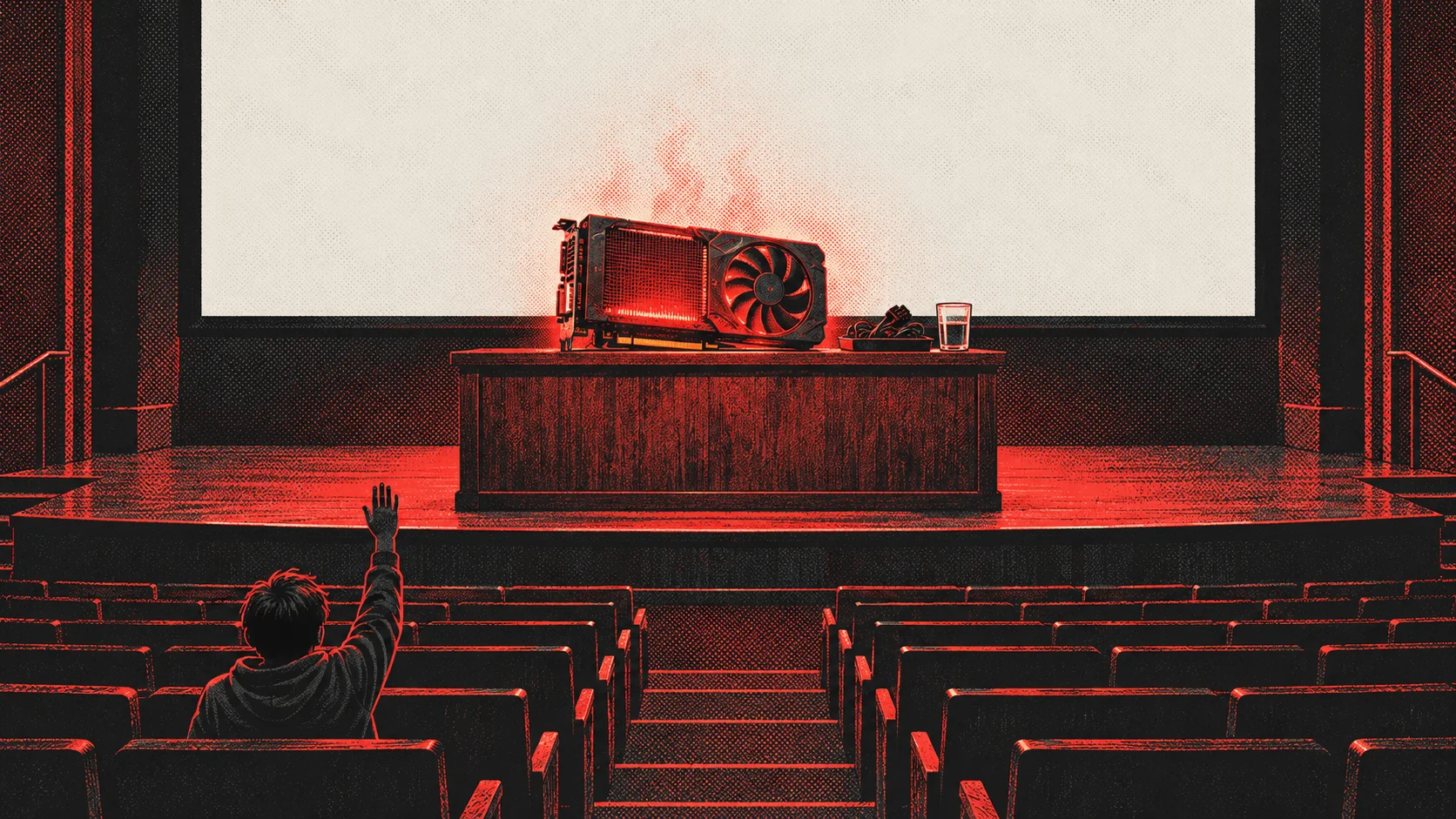 A glowing graphics card sits on a lectern on a red-lit stage before rows of empty seats as one figure in the audience raises a hand.
